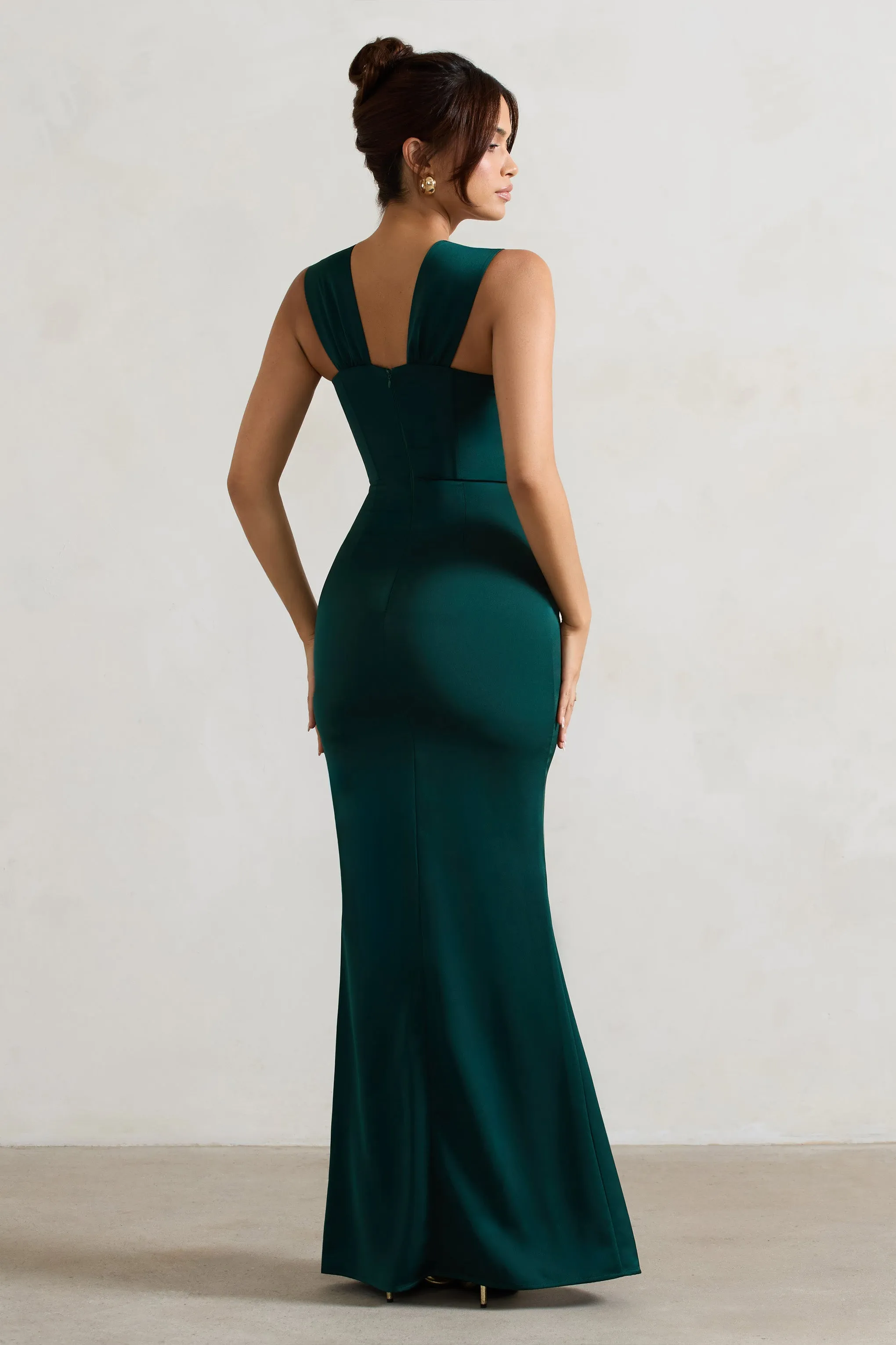 A Romantic | Bottle Green Satin Corset Wrap Maxi Dress