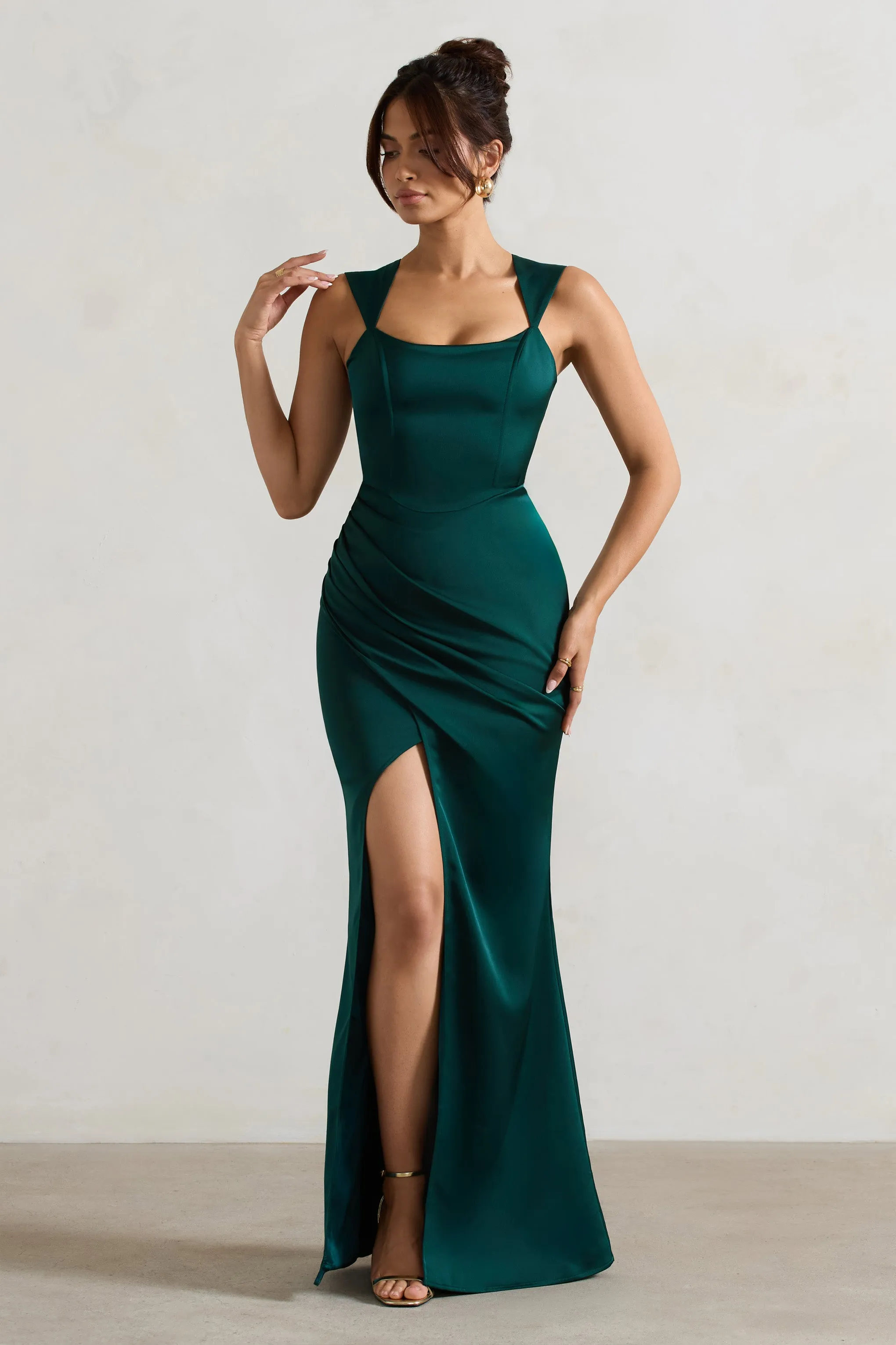 A Romantic | Bottle Green Satin Corset Wrap Maxi Dress