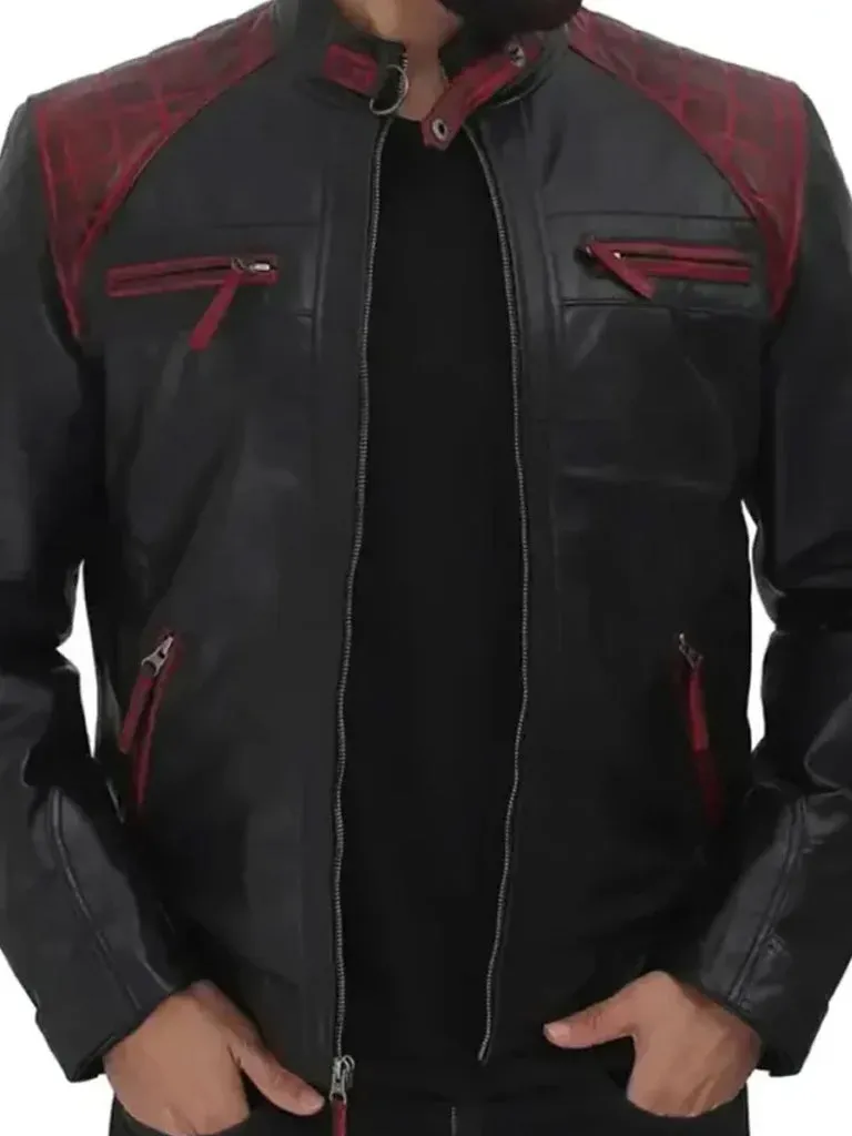 Black and Maroon Cafe Racer Leather Jacket