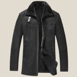 Black Shearling Sheepskin Leather Car Coat