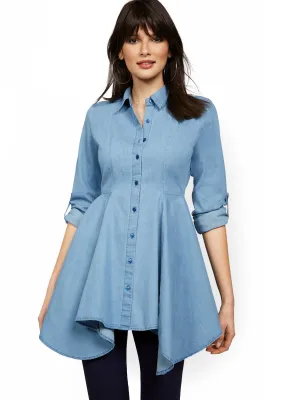 Chambray Sharkbite-Hem Tunic Top