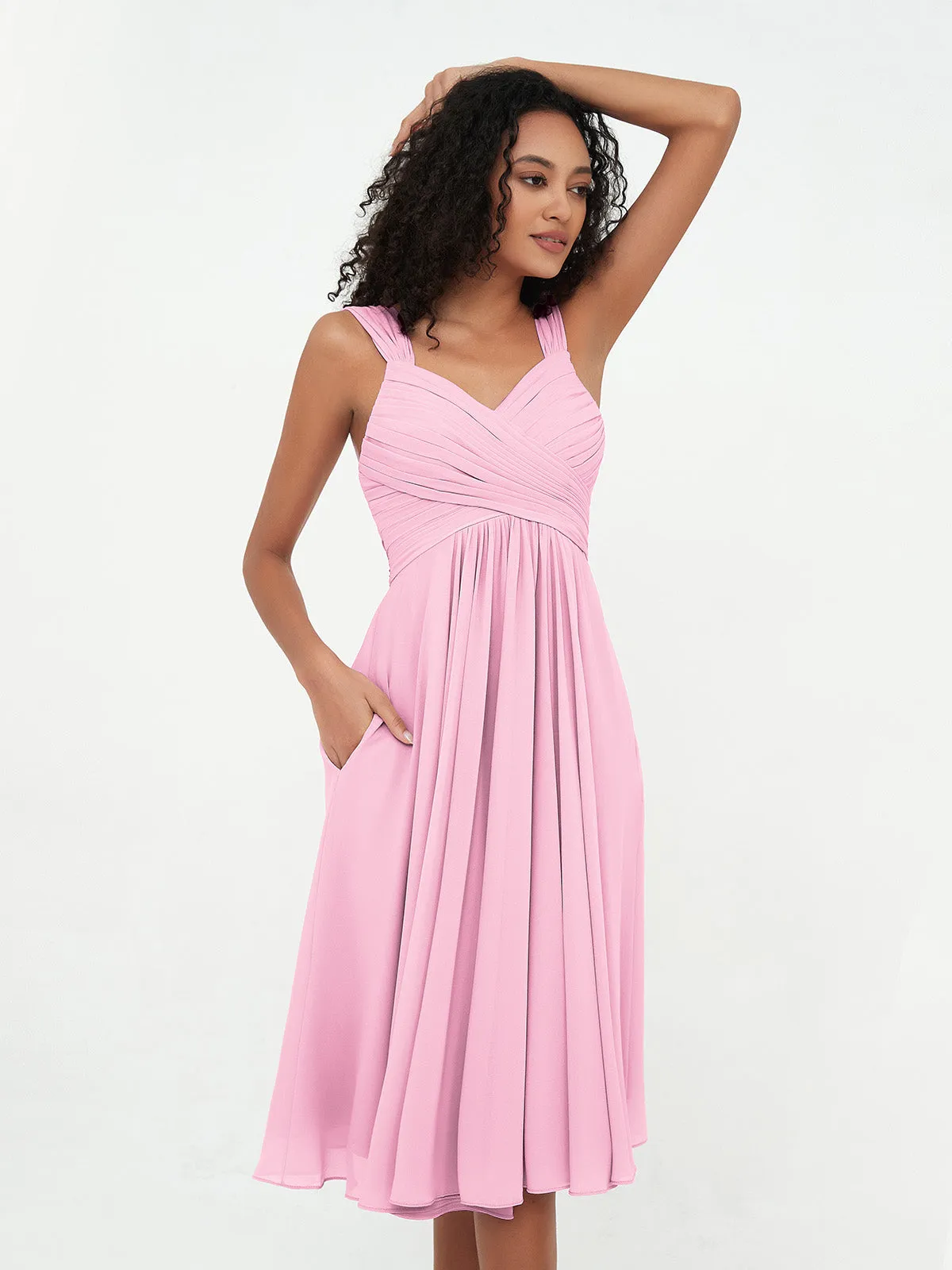 Chiffon Empire Short Dresses with Pockets-Candy Pink Plus Size