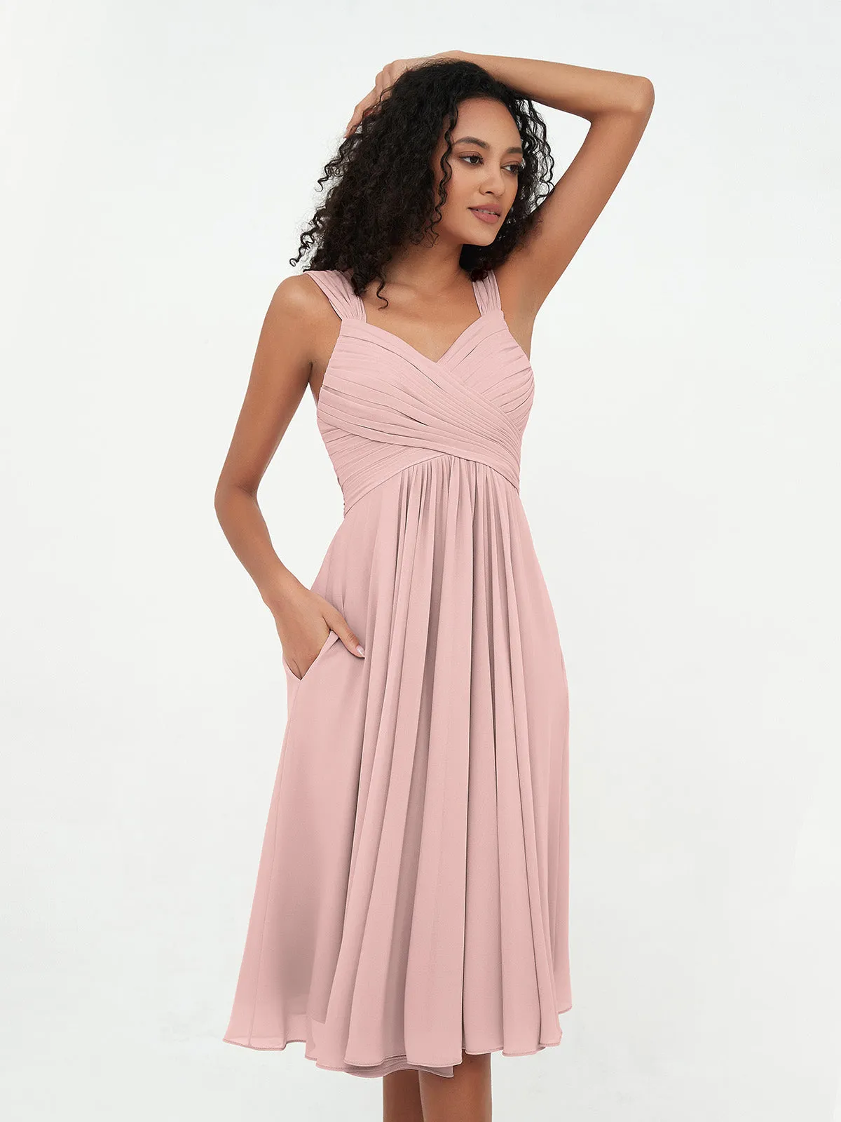 Chiffon Empire Short Dresses with Pockets-Dusty Rose