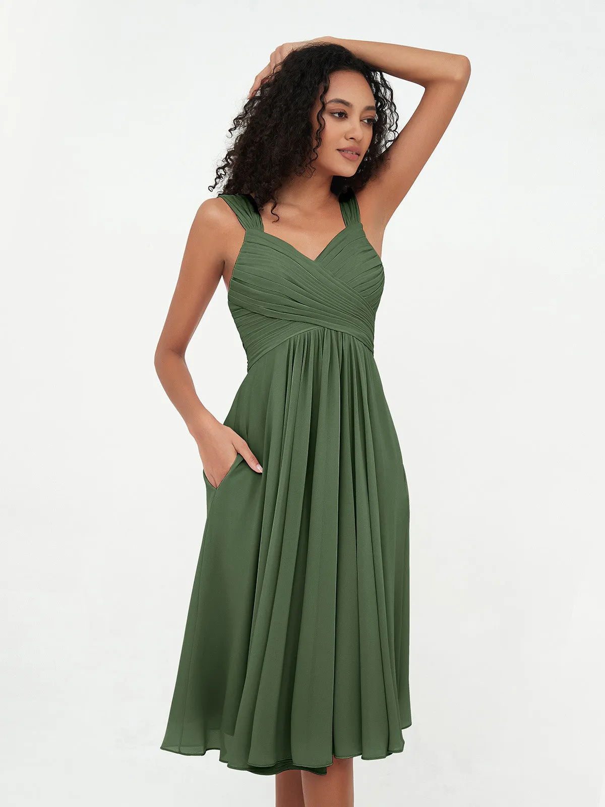 Chiffon Empire Short Dresses with Pockets-Olive Green Plus Size