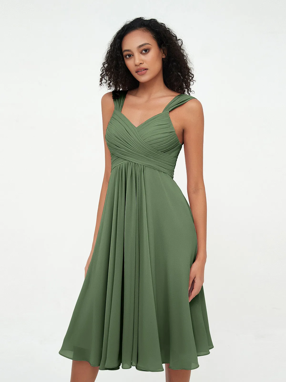 Chiffon Empire Short Dresses with Pockets-Olive Green Plus Size