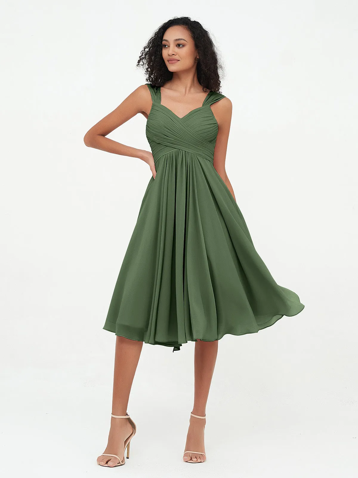 Chiffon Empire Short Dresses with Pockets-Olive Green Plus Size