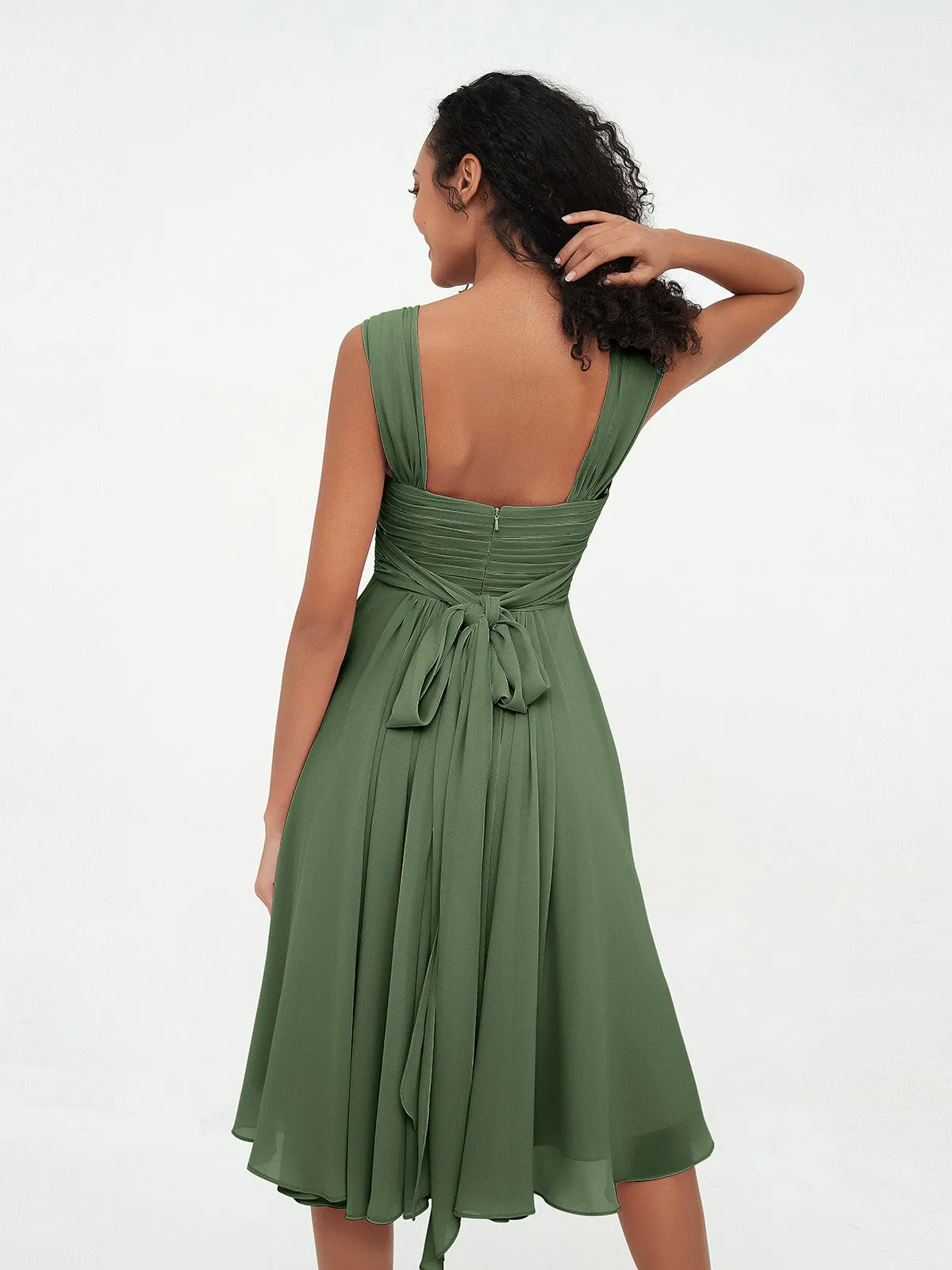 Chiffon Empire Short Dresses with Pockets-Olive Green Plus Size