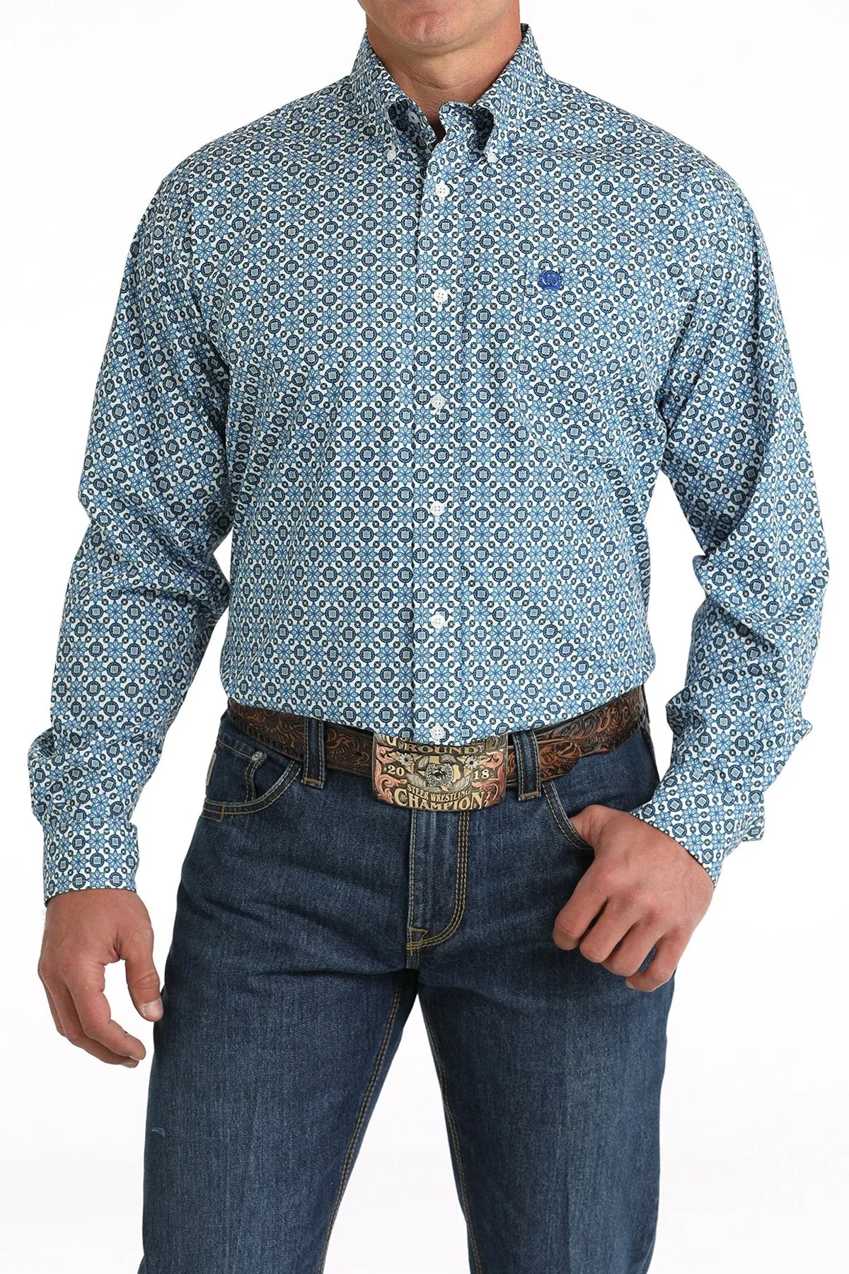 Cinch Mens Classic Geometric Print L/S  Button Down Shirt - Blue/White - MTW1105794