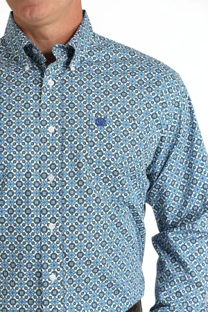 Cinch Mens Classic Geometric Print L/S  Button Down Shirt - Blue/White - MTW1105794