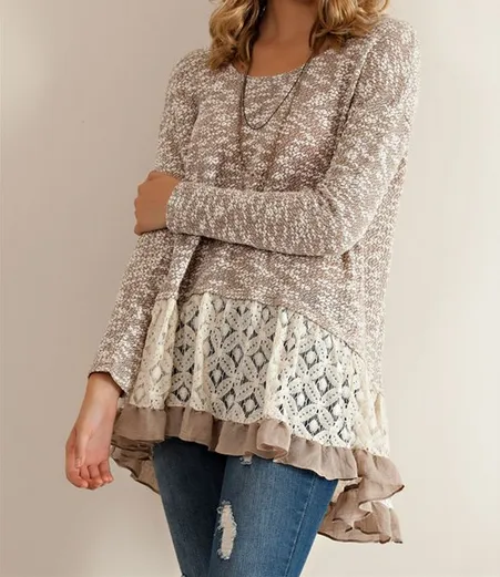 Cut and Sew Lightweight Sweater Tunic with Ruffle Hem in Mocha