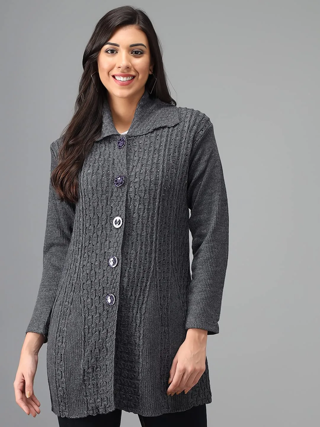 eKools Women's Wool Blend Banded Collar Sweater (Coat8-L-Grey Grey_L)