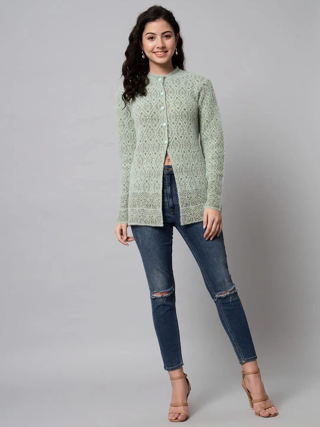 eWools Women's Knitted Hair Round Neck Full Sleeve Winter wear Cardigan (M, Green)