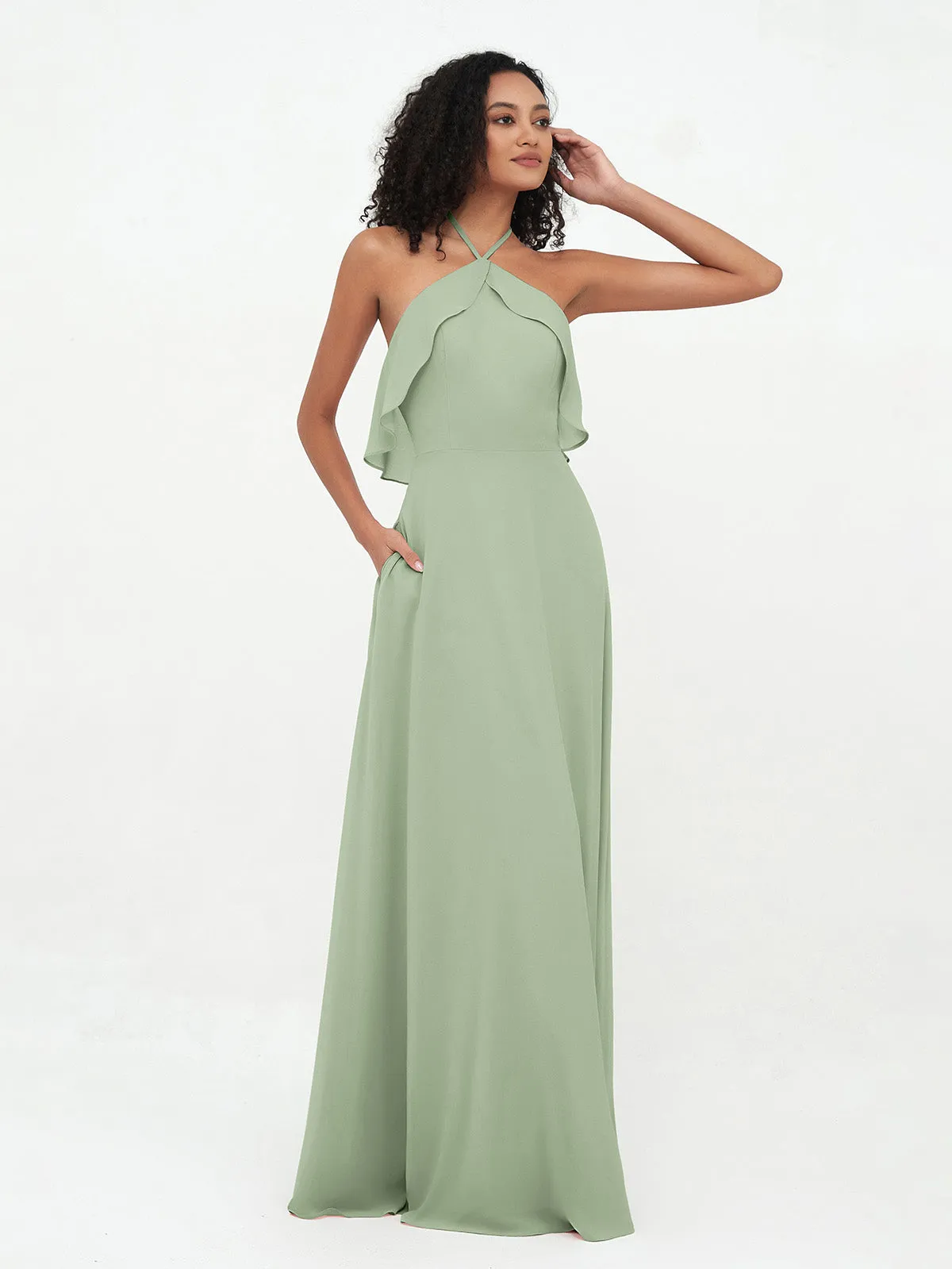 Halter Strap Chiffon Long Bridesmaid Dresses Dusty Sage Plus Size