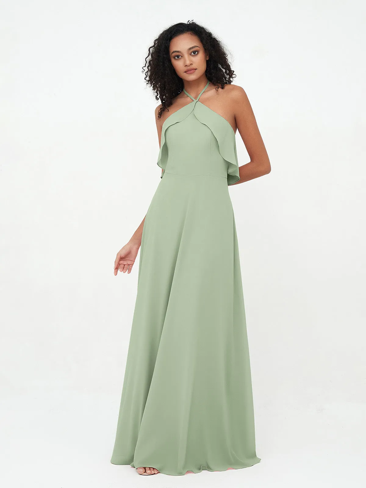 Halter Strap Chiffon Long Bridesmaid Dresses Dusty Sage Plus Size