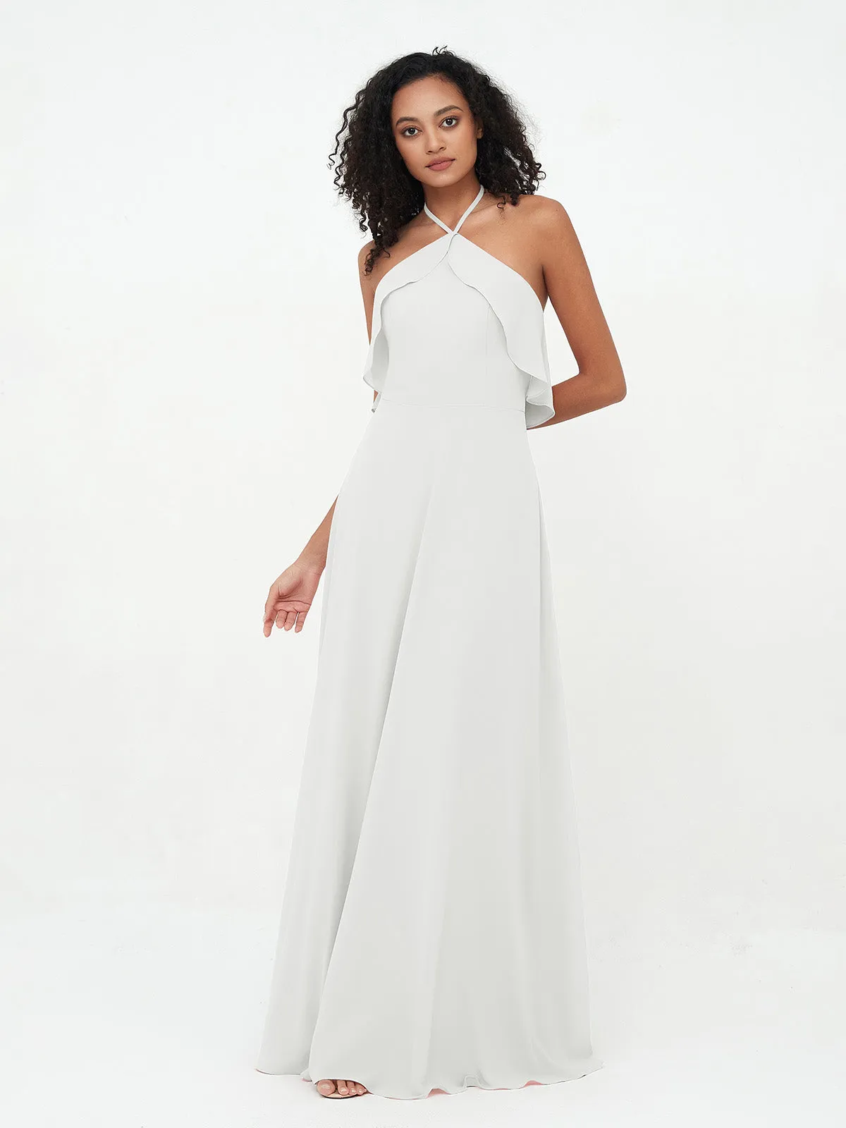 Halter Strap Chiffon Long Bridesmaid Dresses Ivory Plus Size