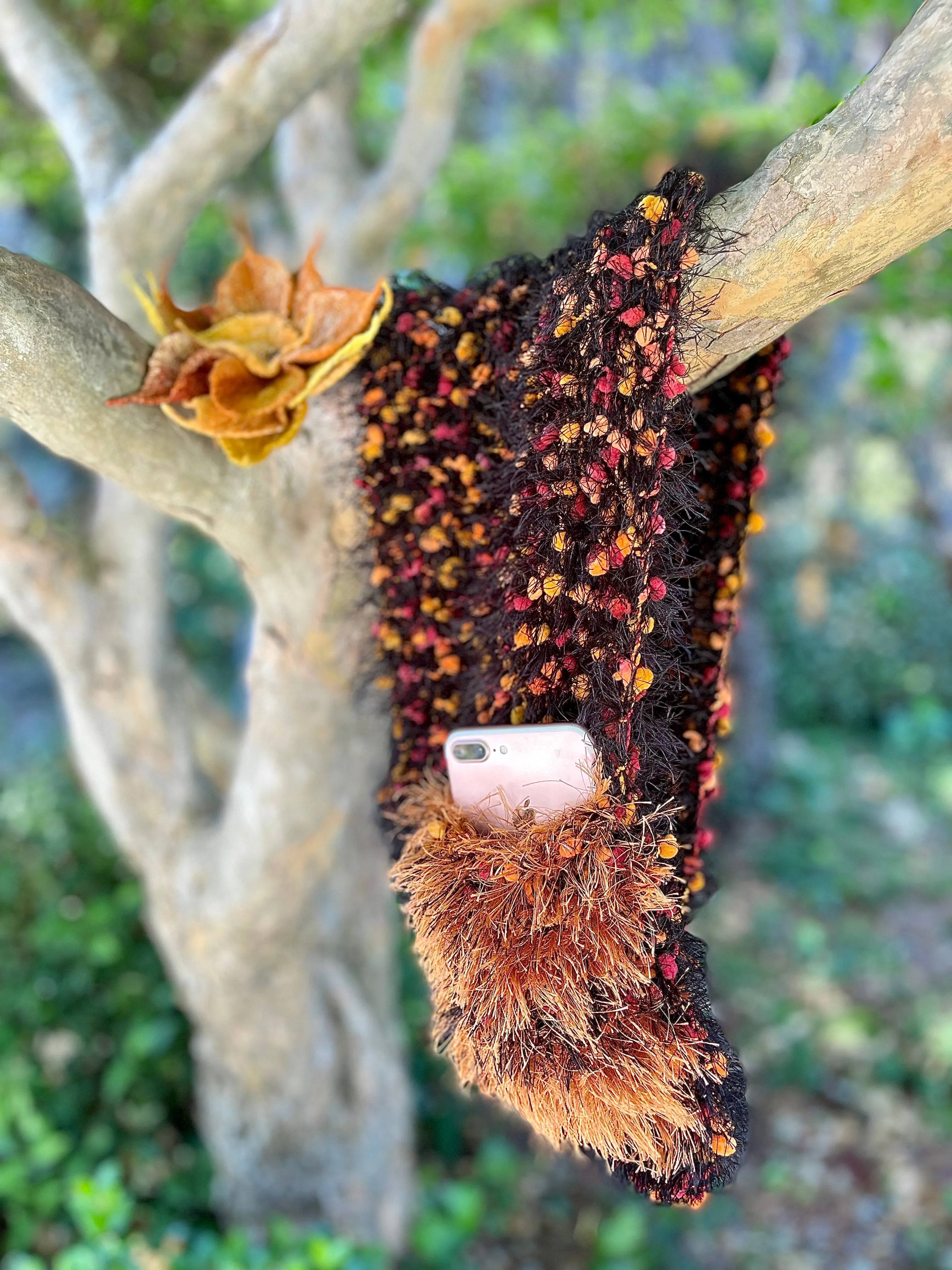 Hand Knitted Scarf for Women with Pocket. Orange, Black Eyelash Fur Yarns