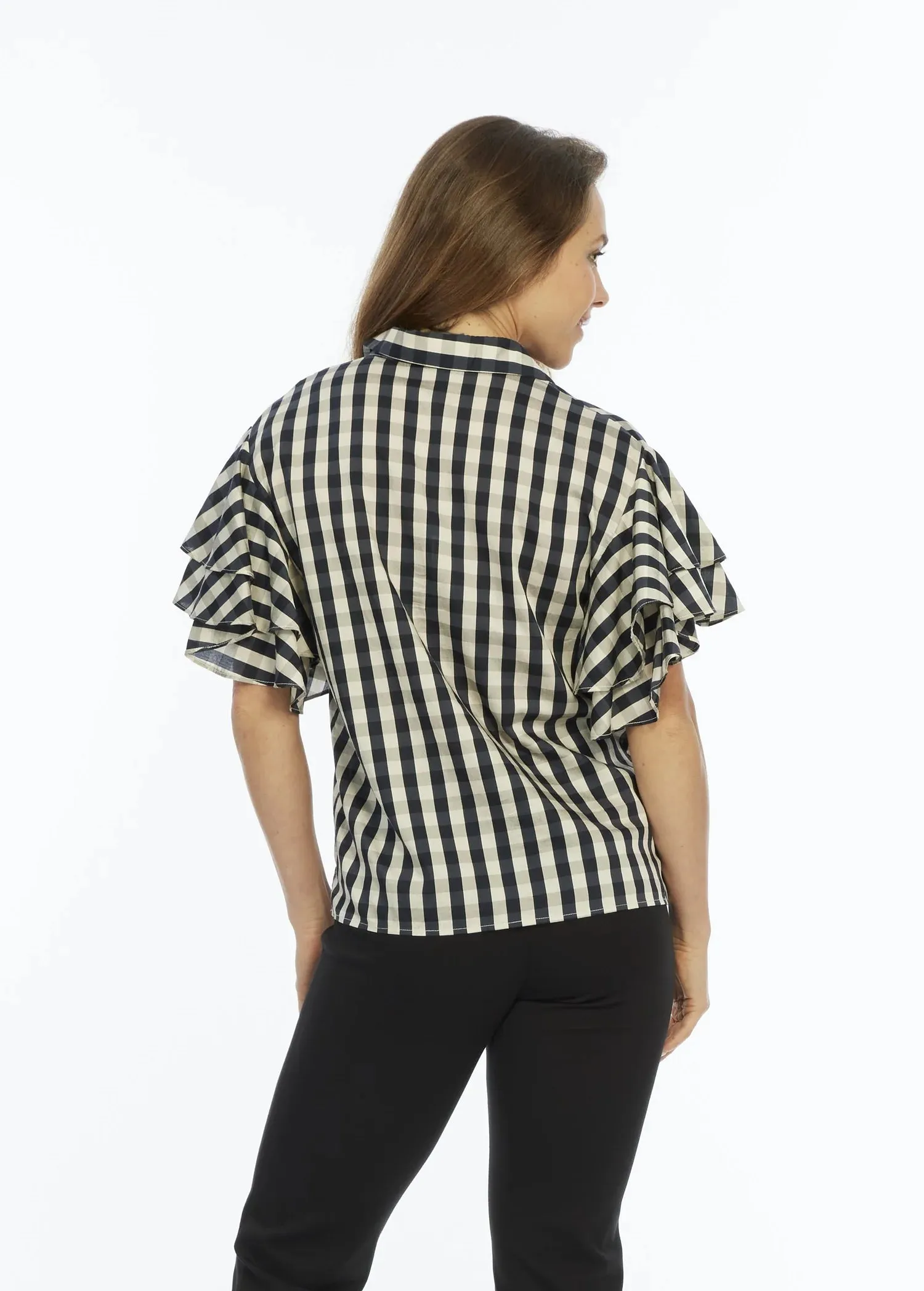 Harmony Flounce Sleeve Blouse - Black Check