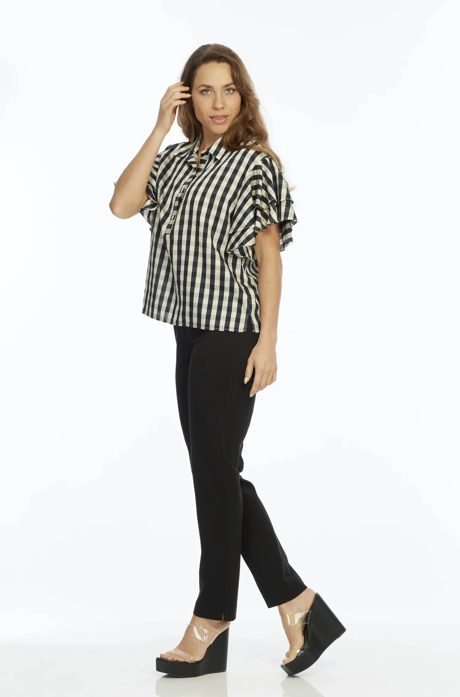 Harmony Flounce Sleeve Blouse - Black Check