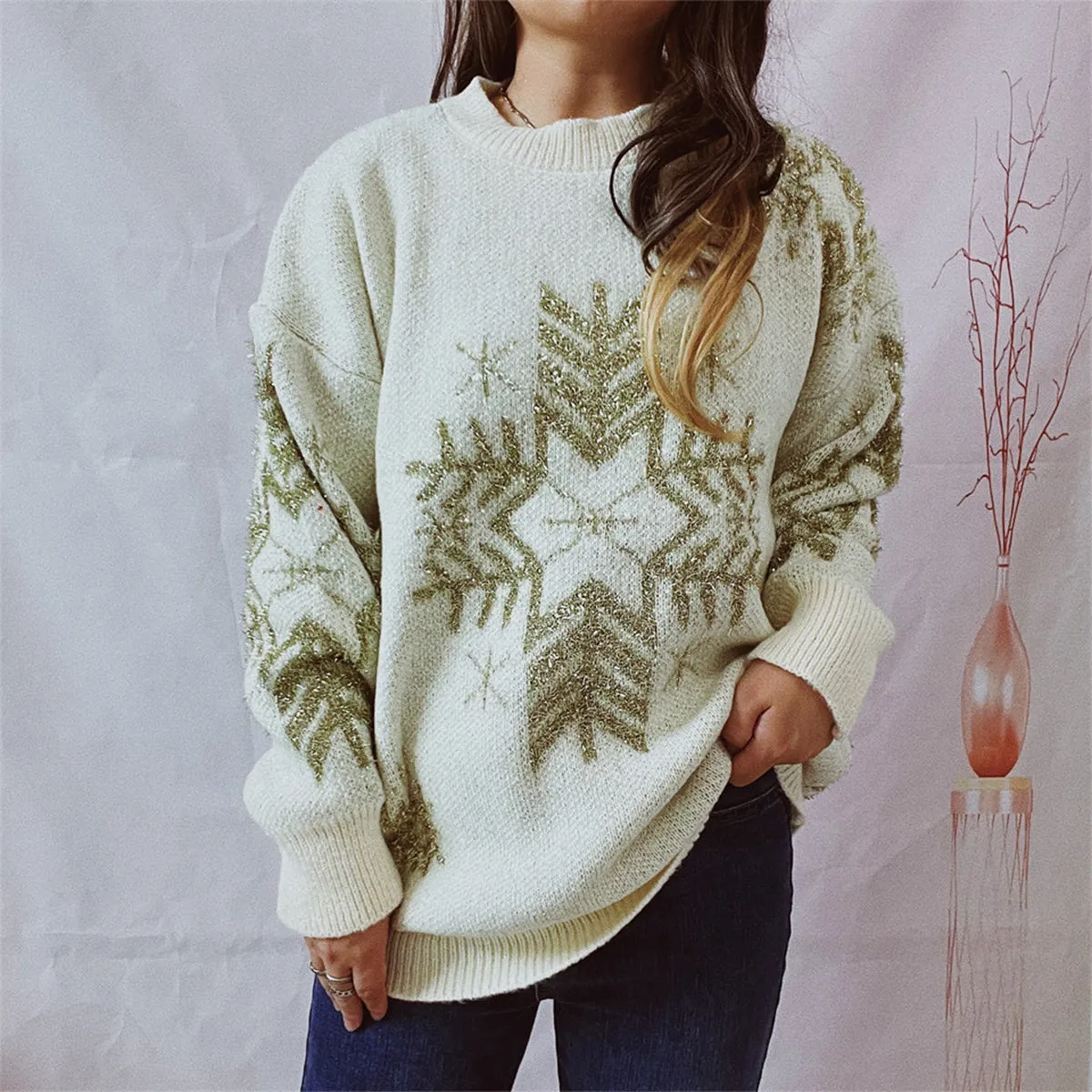 kesley Snowflake Pattern Long Sleeve Sweater