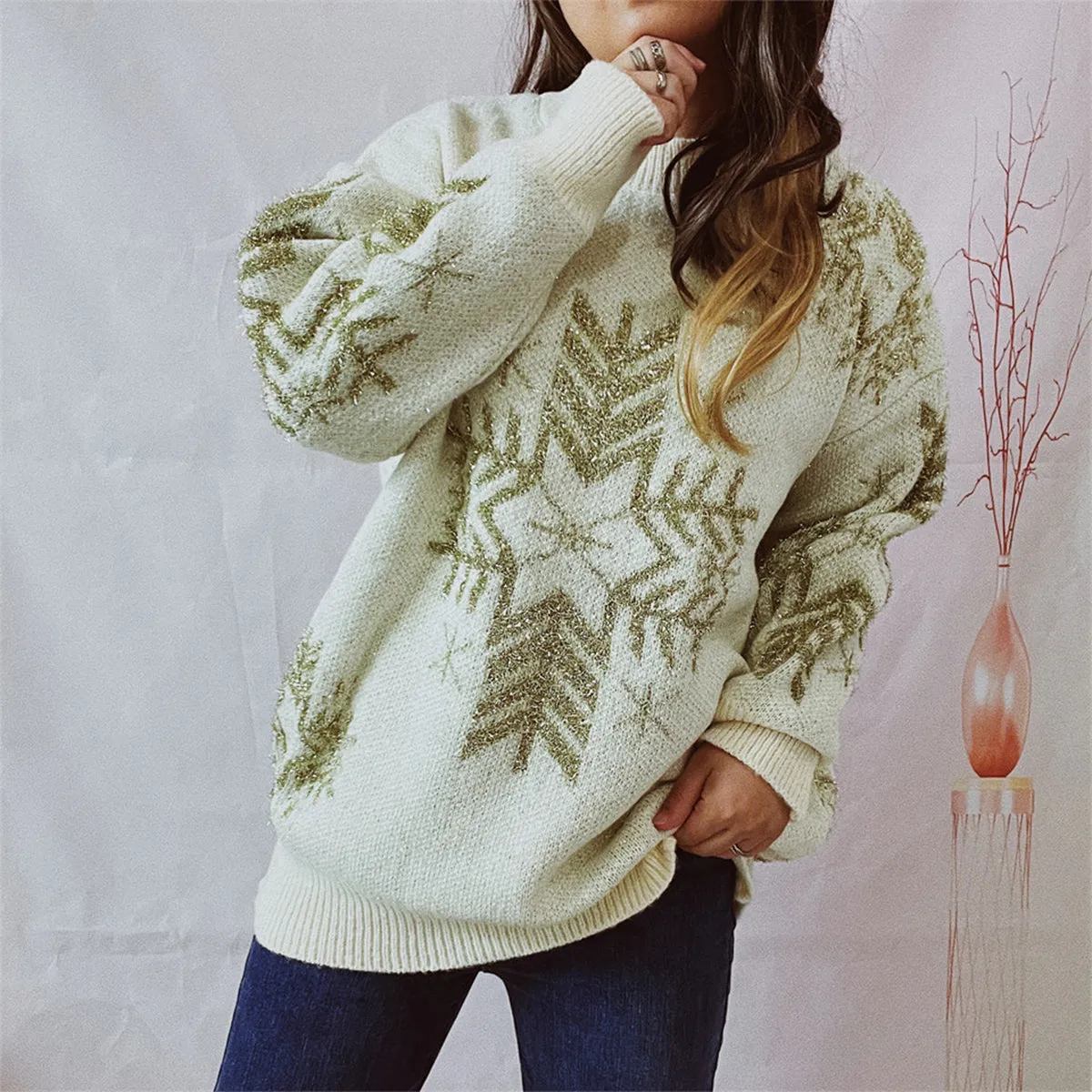 kesley Snowflake Pattern Long Sleeve Sweater