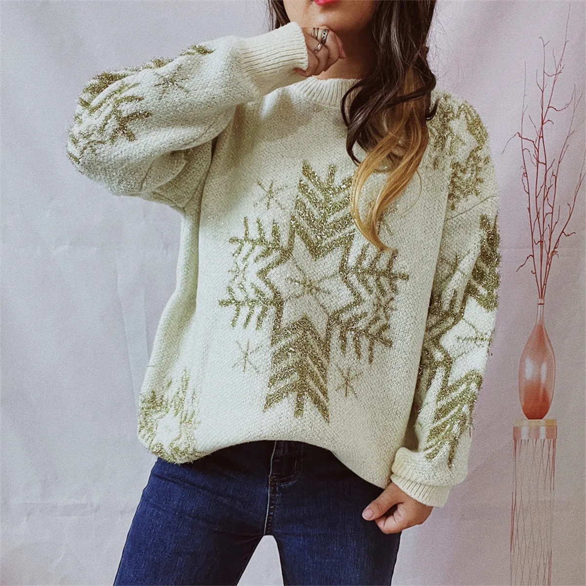 kesley Snowflake Pattern Long Sleeve Sweater