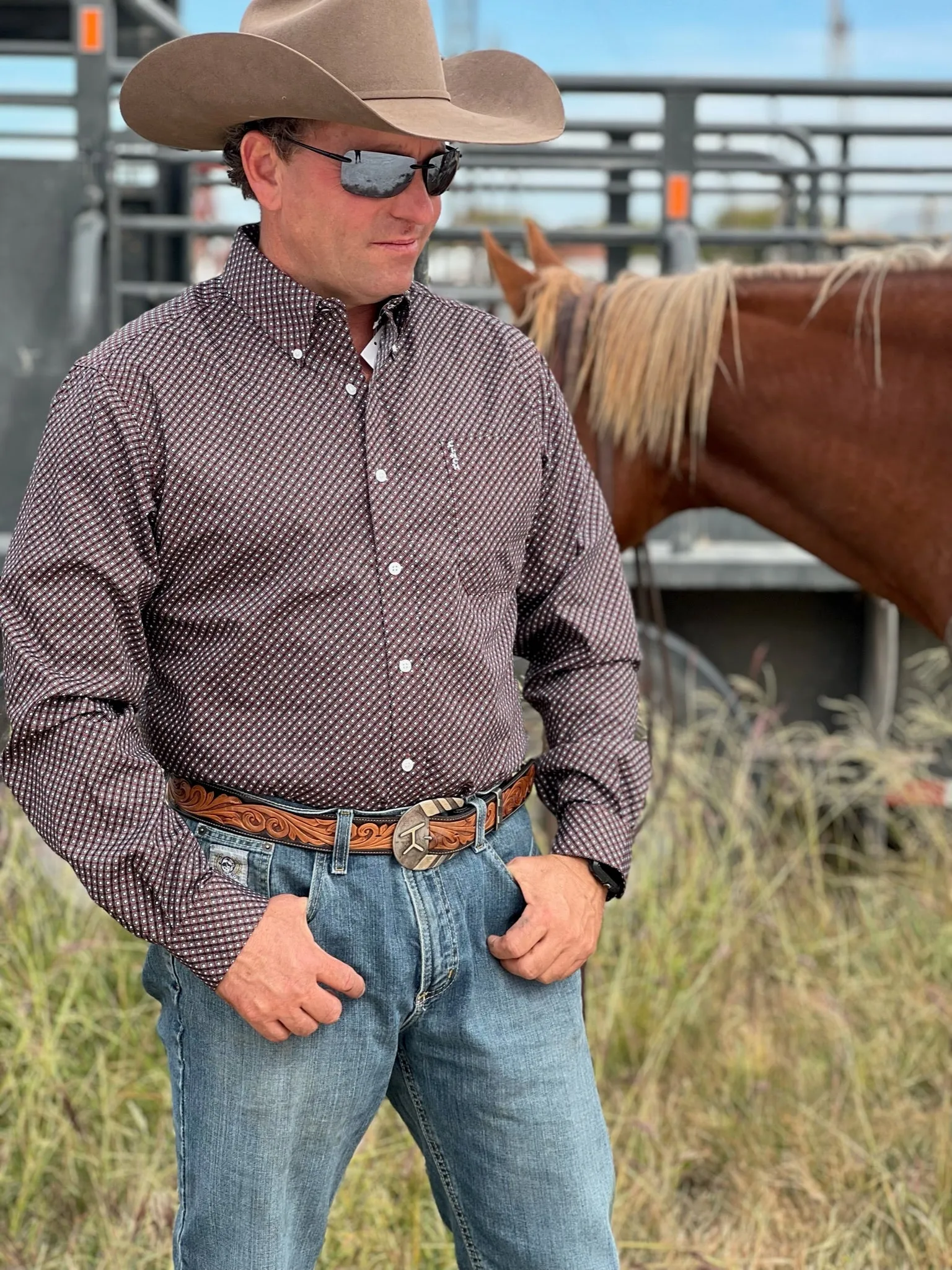 Lewis Brown Checkered Modern Fit Cinch Shirt