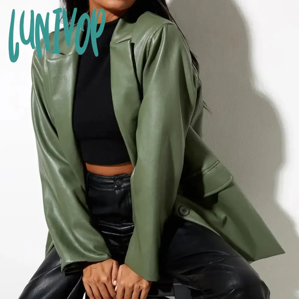 Lunivop Black PU Leather Blazer Jacket Y2K Motorcycle Jackets Women Autumn Winter High Street Casual Cardigans Warm Suit Coats