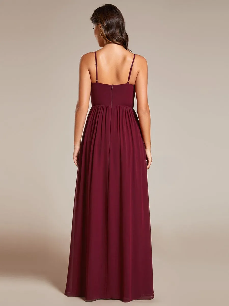 Maxi Sleeveless Pleated Chiffon Bridesmaid Dress with Lotus Leaf