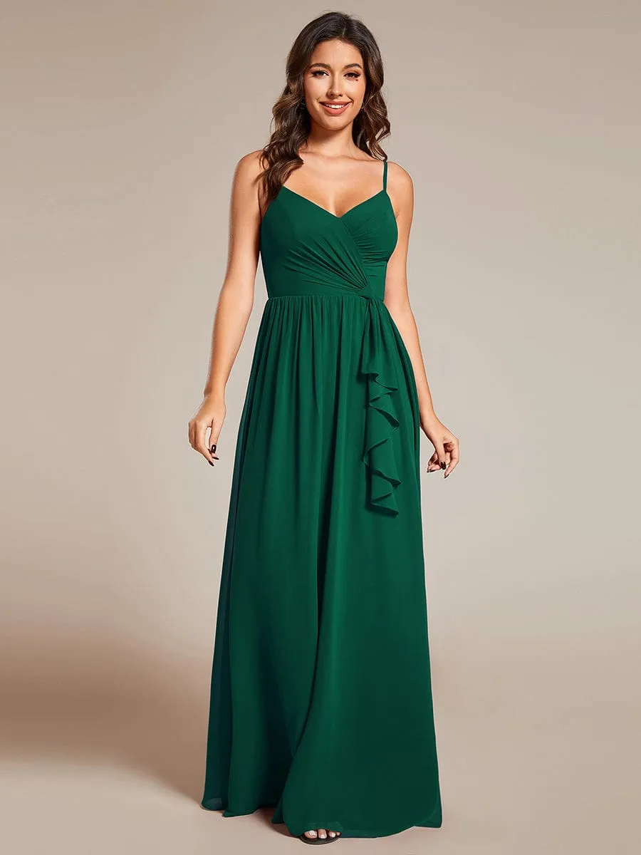 Maxi Sleeveless Pleated Chiffon Bridesmaid Dress with Lotus Leaf