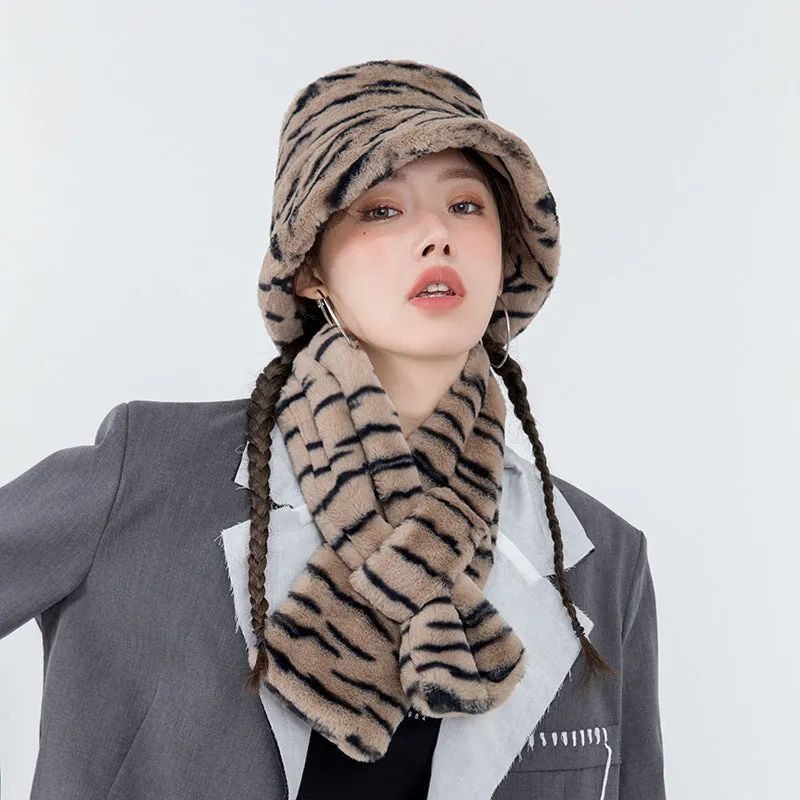 Men's and women's imitation rabbit fur fisherman hat scarf set tiger pattern warm hat scarf two-piece set