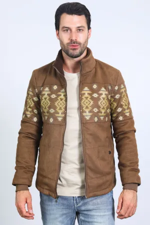 Men's Ethnic Aztec Quilted Fur Lined Brown Jacket