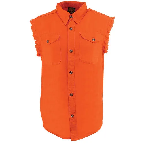 Milwaukee Leather DM1003 Men's Orange Lightweight Denim Shirt with Sleeveless Frayed Cut Off