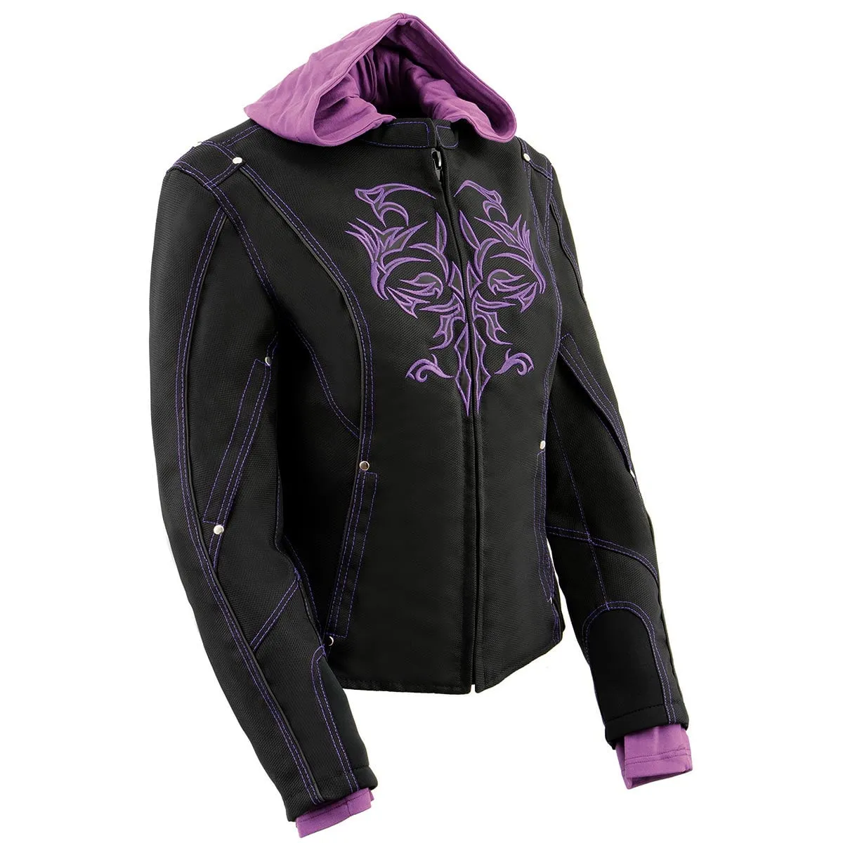 Milwaukee Leather MPL1967 Women's 3/4 Hooded Black and Purple Textile Jacket with Reflective Tribal Detail