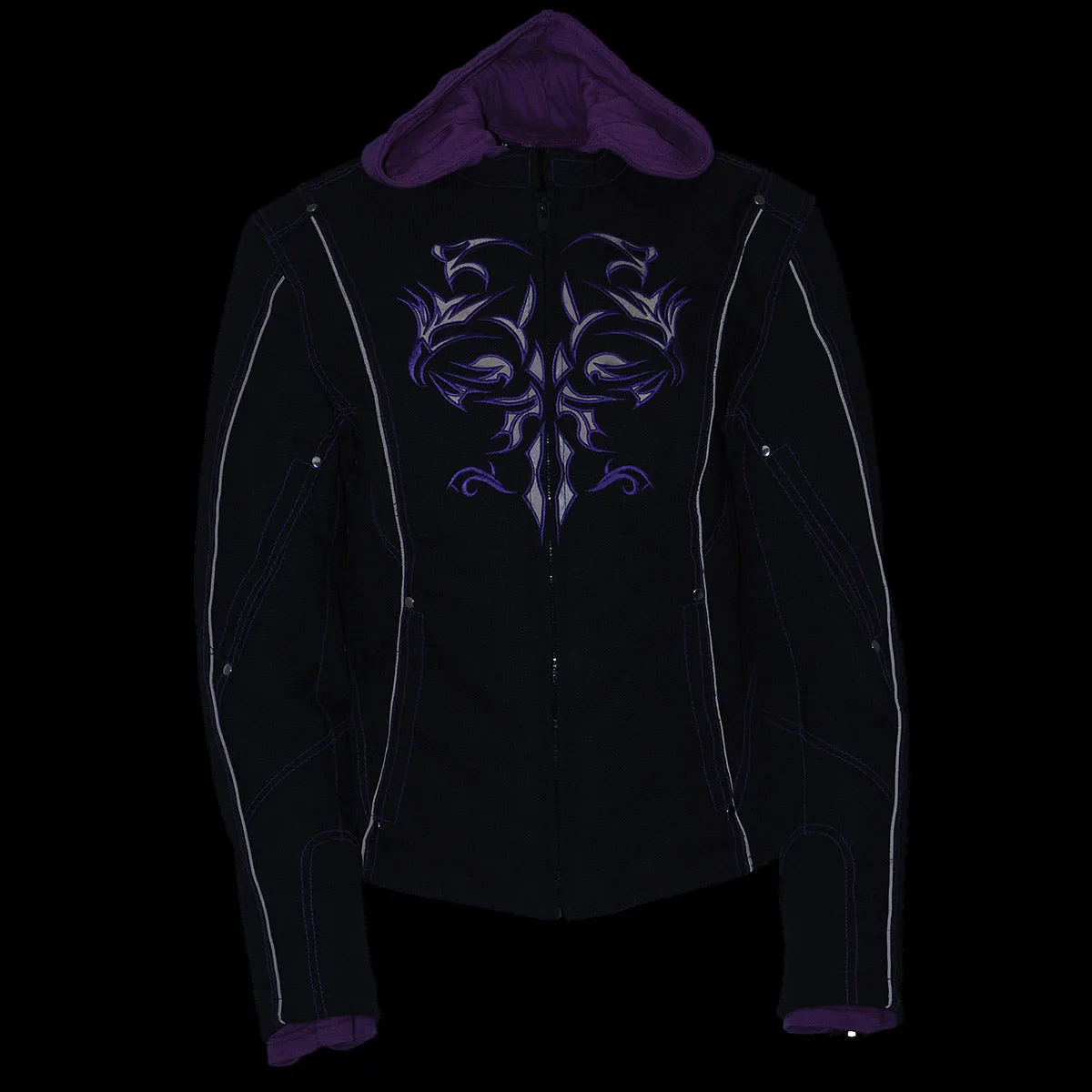 Milwaukee Leather MPL1967 Women's 3/4 Hooded Black and Purple Textile Jacket with Reflective Tribal Detail