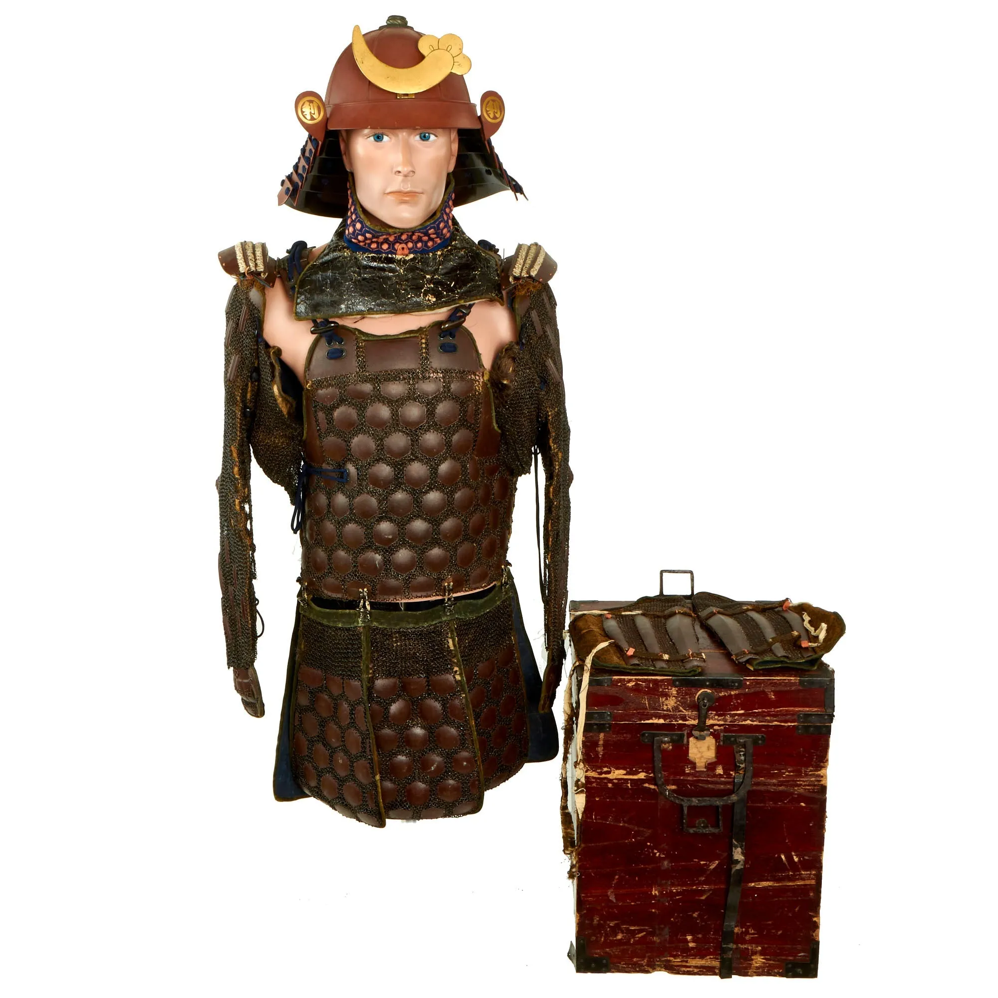 Original Japanese 19th Century Edo Period Samurai Full Body Armor with Kabuto Helmet in Wood Transit Chest