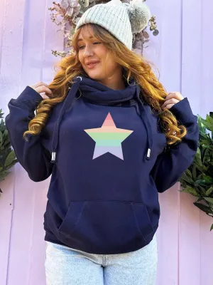 Pastel Rainbow 'Star' Luxe Christmas Hoodie - Navy