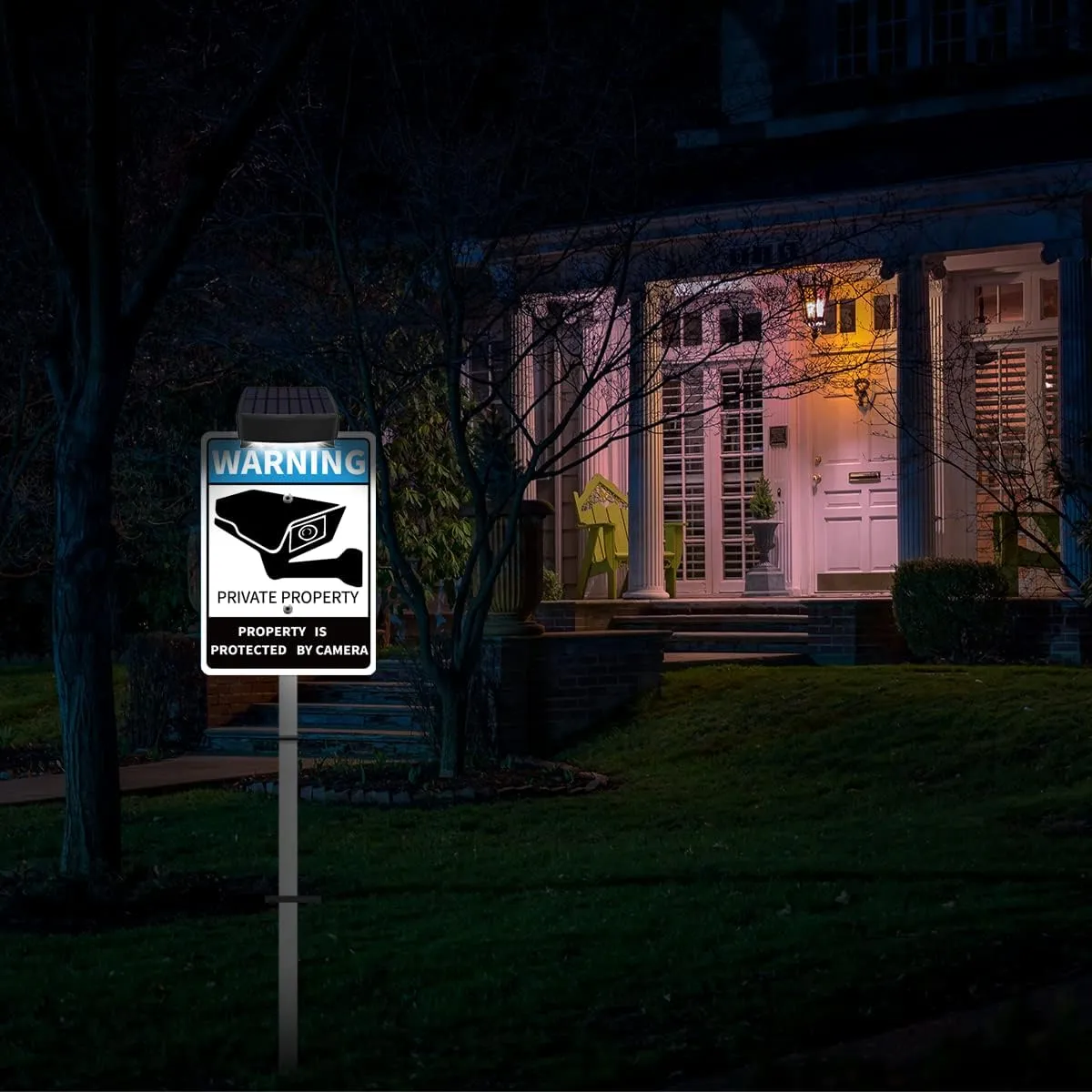 PRIVATE PROPERTY Yard Warning Sign Solar Powered, Rechargeable LED Illuminated Aluminum Video Surveillance Sign with Stake, Reflective Outside Security Sign Light Up For Houses