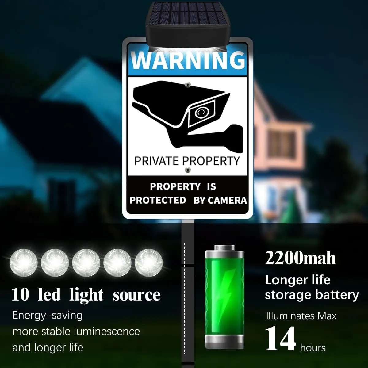 PRIVATE PROPERTY Yard Warning Sign Solar Powered, Rechargeable LED Illuminated Aluminum Video Surveillance Sign with Stake, Reflective Outside Security Sign Light Up For Houses