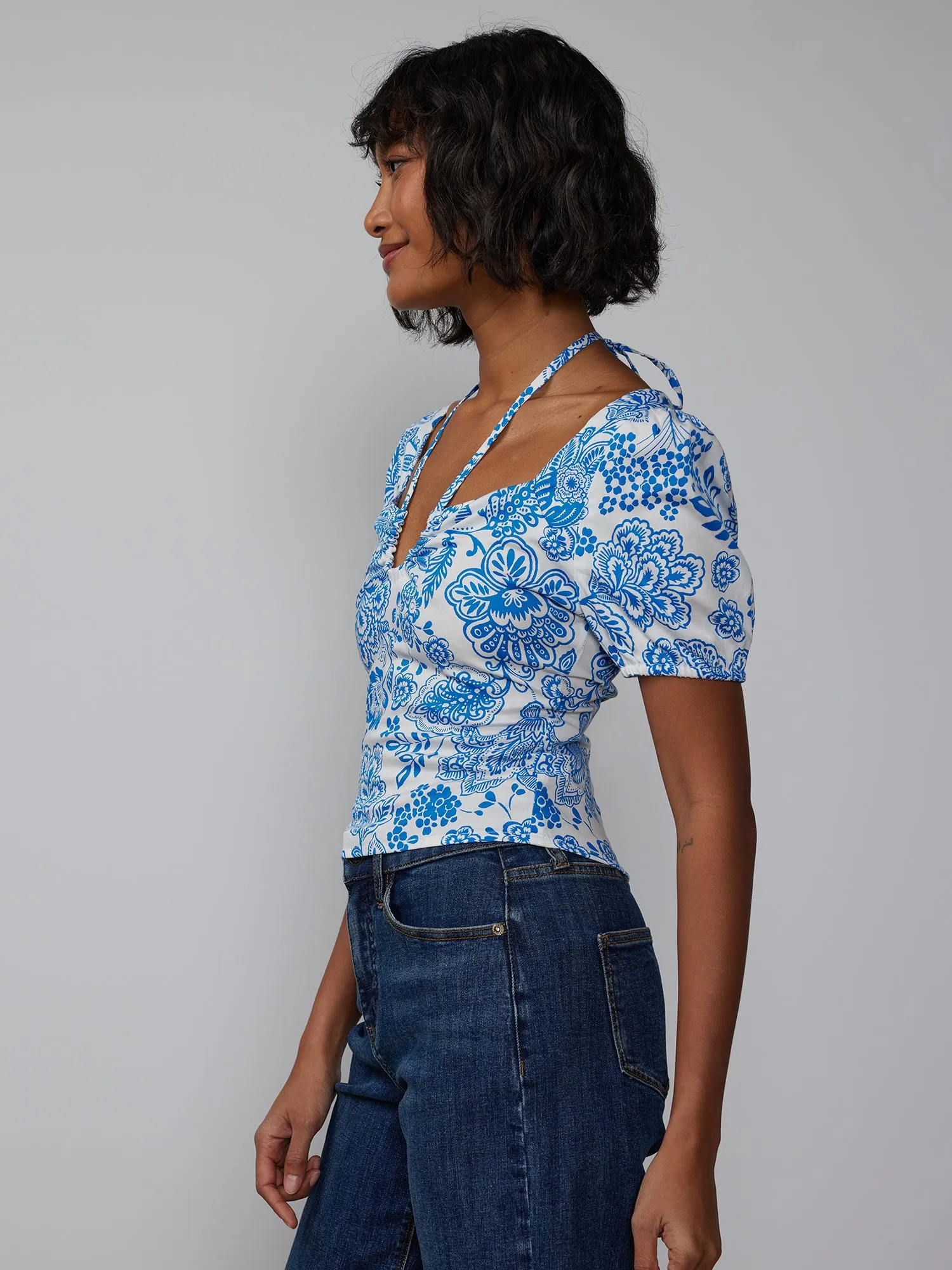 Puff Sleeve Tie Neck Paisley Print Top