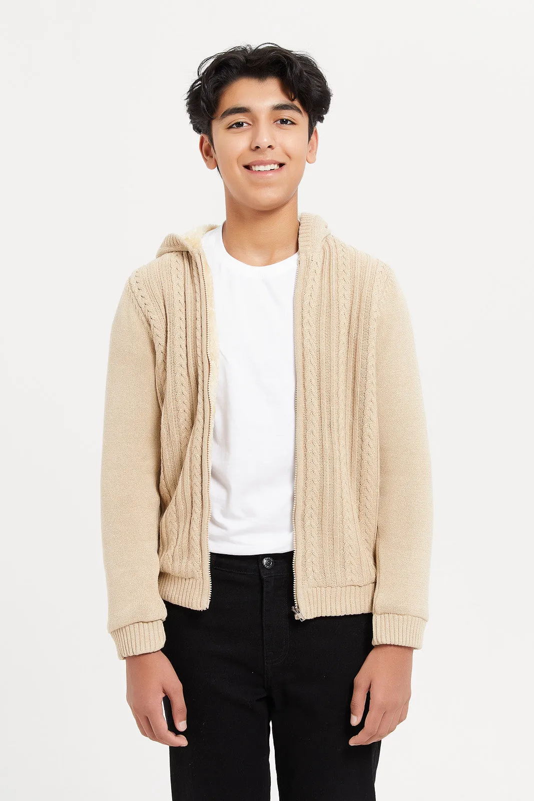 Senior Boys Beige Cable Knit Cardigan