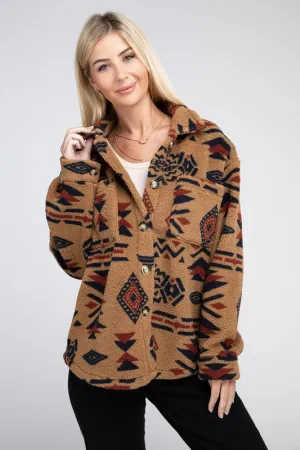 Sunset Camel Sherpa Shacket with Aztec Pattern