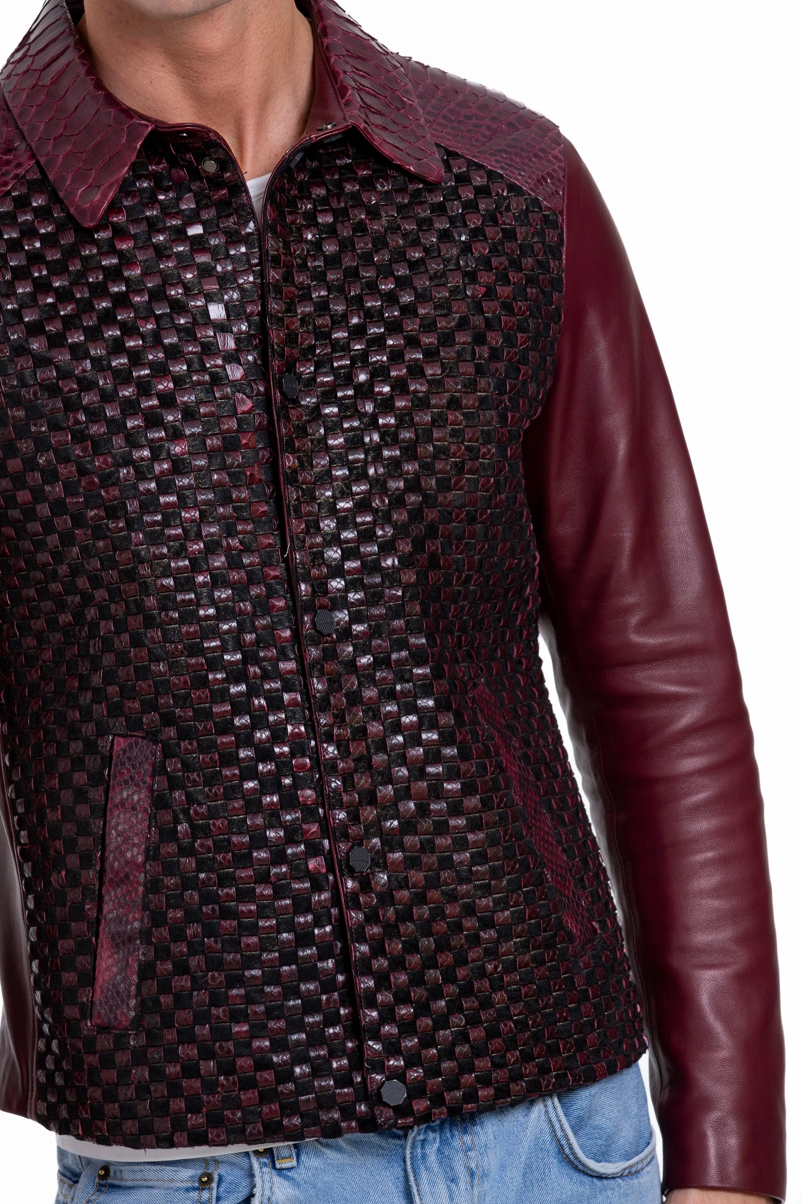 The Bedford Pythn Skin Handwoven Leather Burgundy Men Jacket