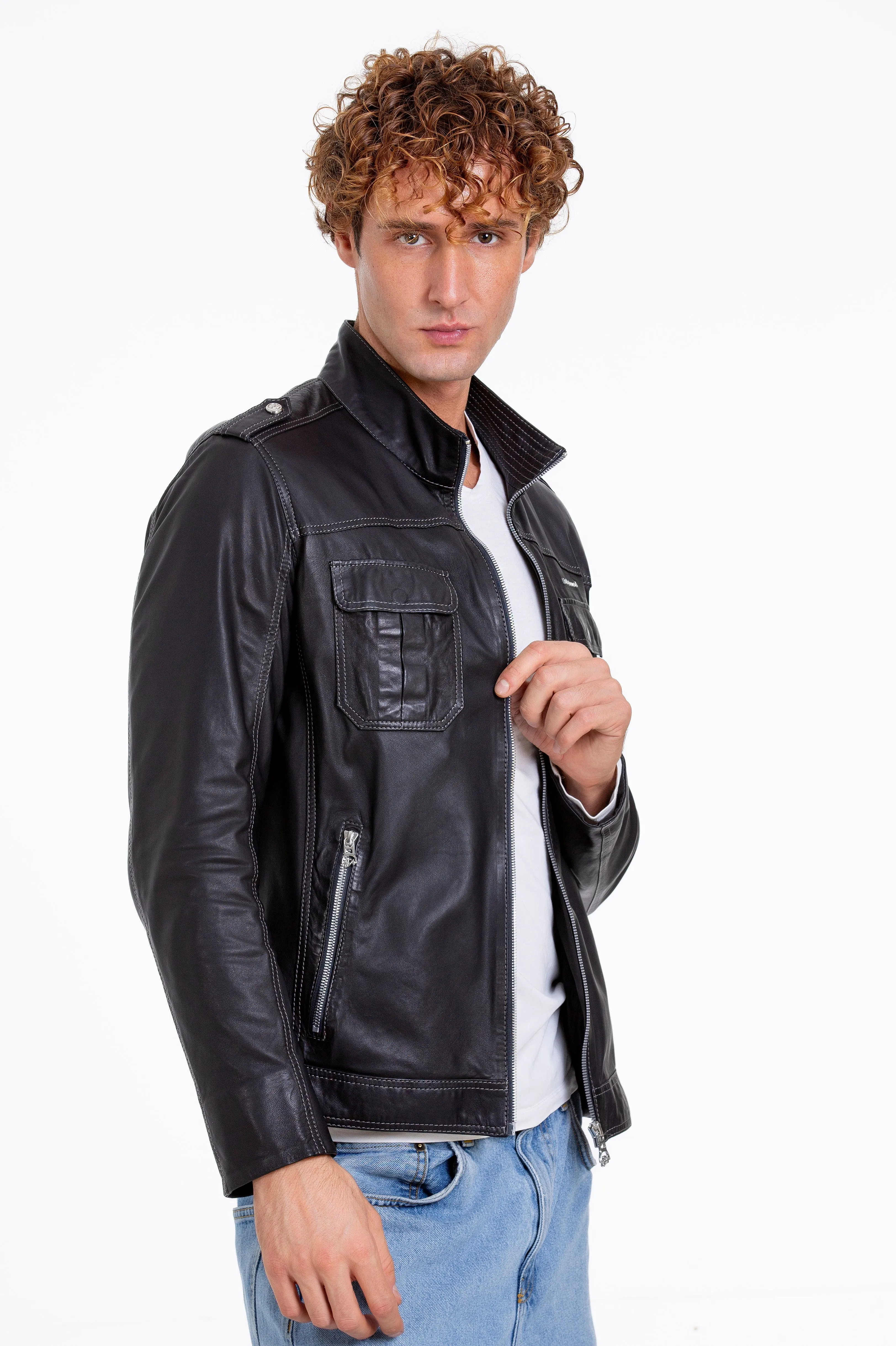 The Mausollos Navy Blue Leather Men  Jacket