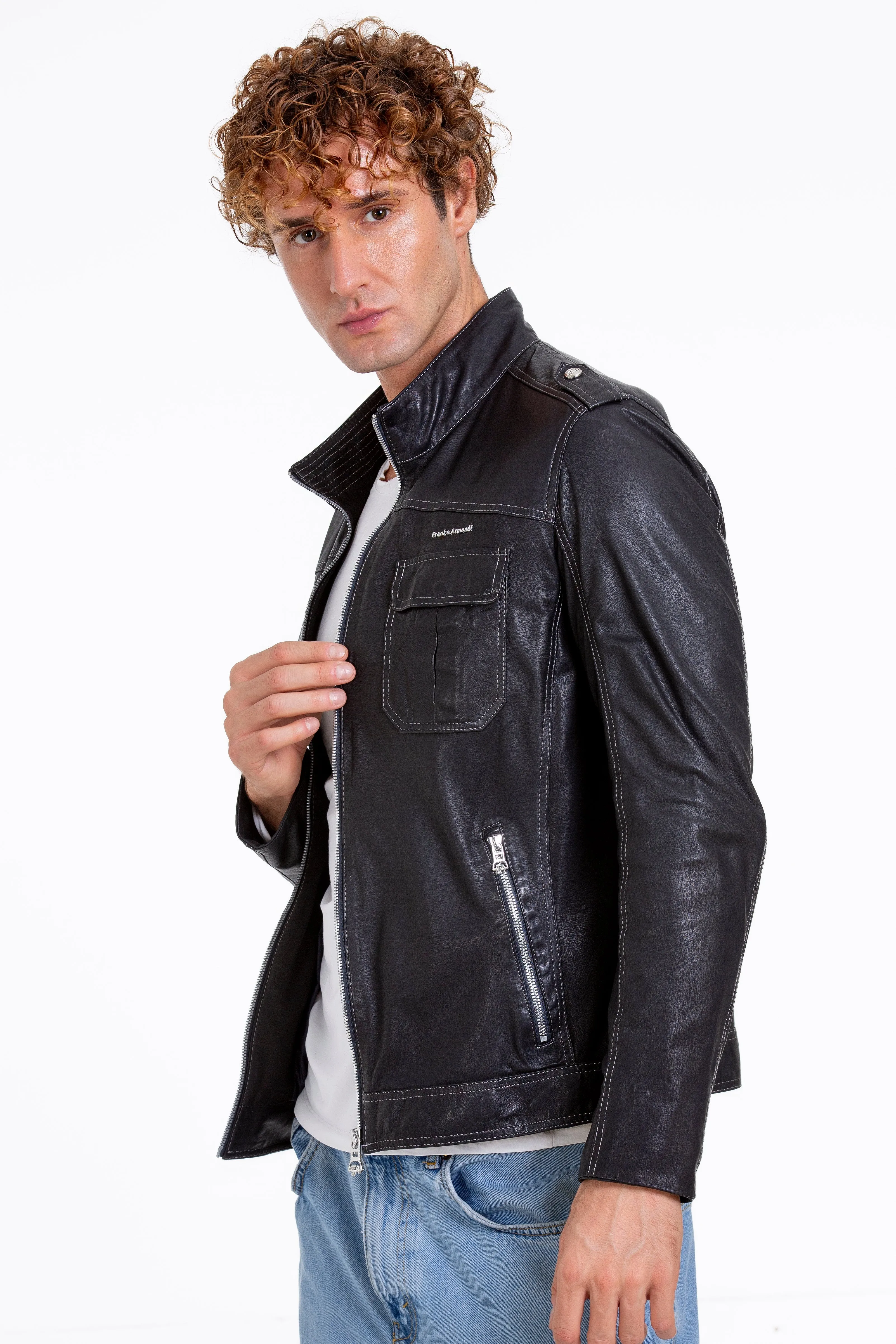 The Mausollos Navy Blue Leather Men  Jacket