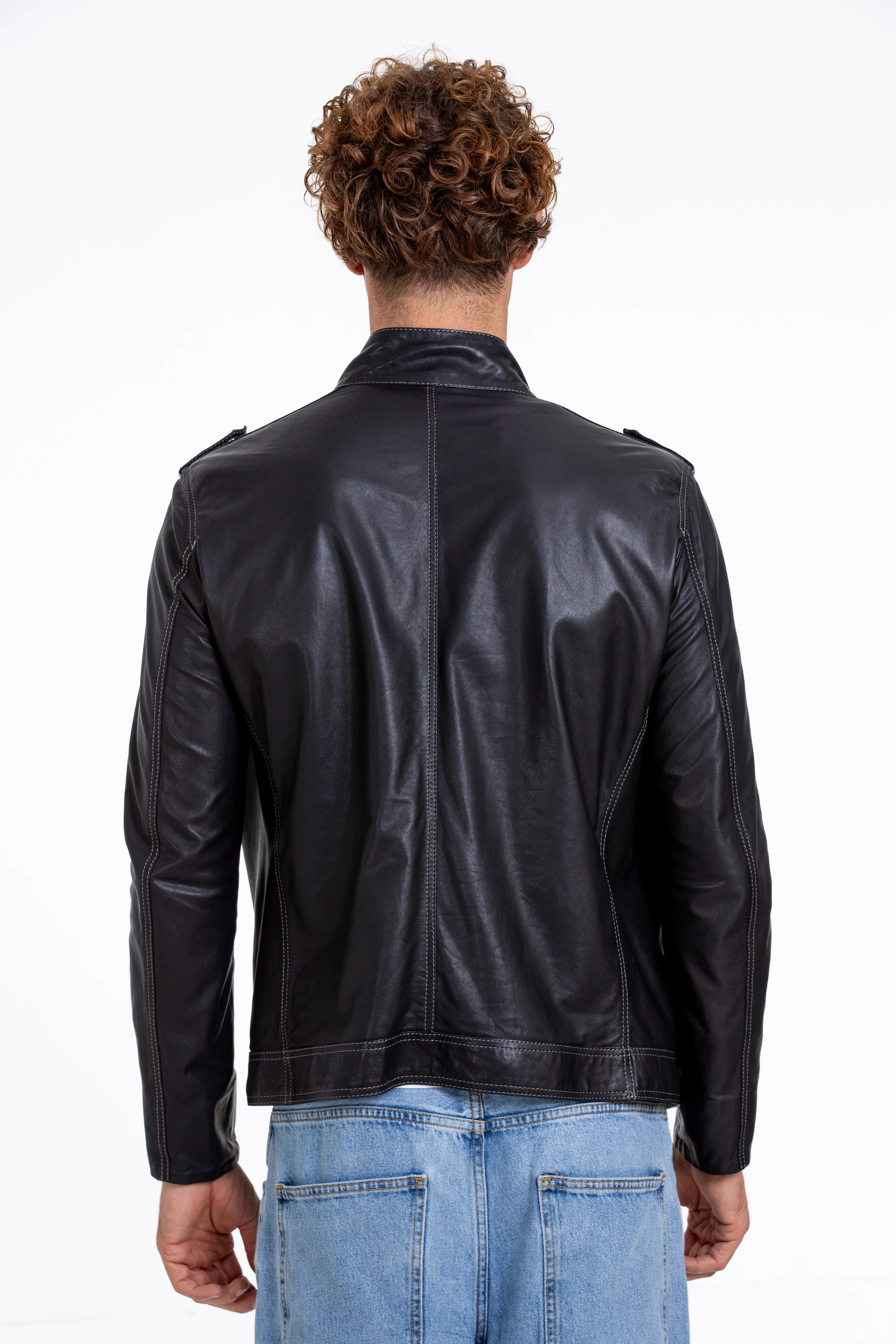 The Mausollos Navy Blue Leather Men  Jacket