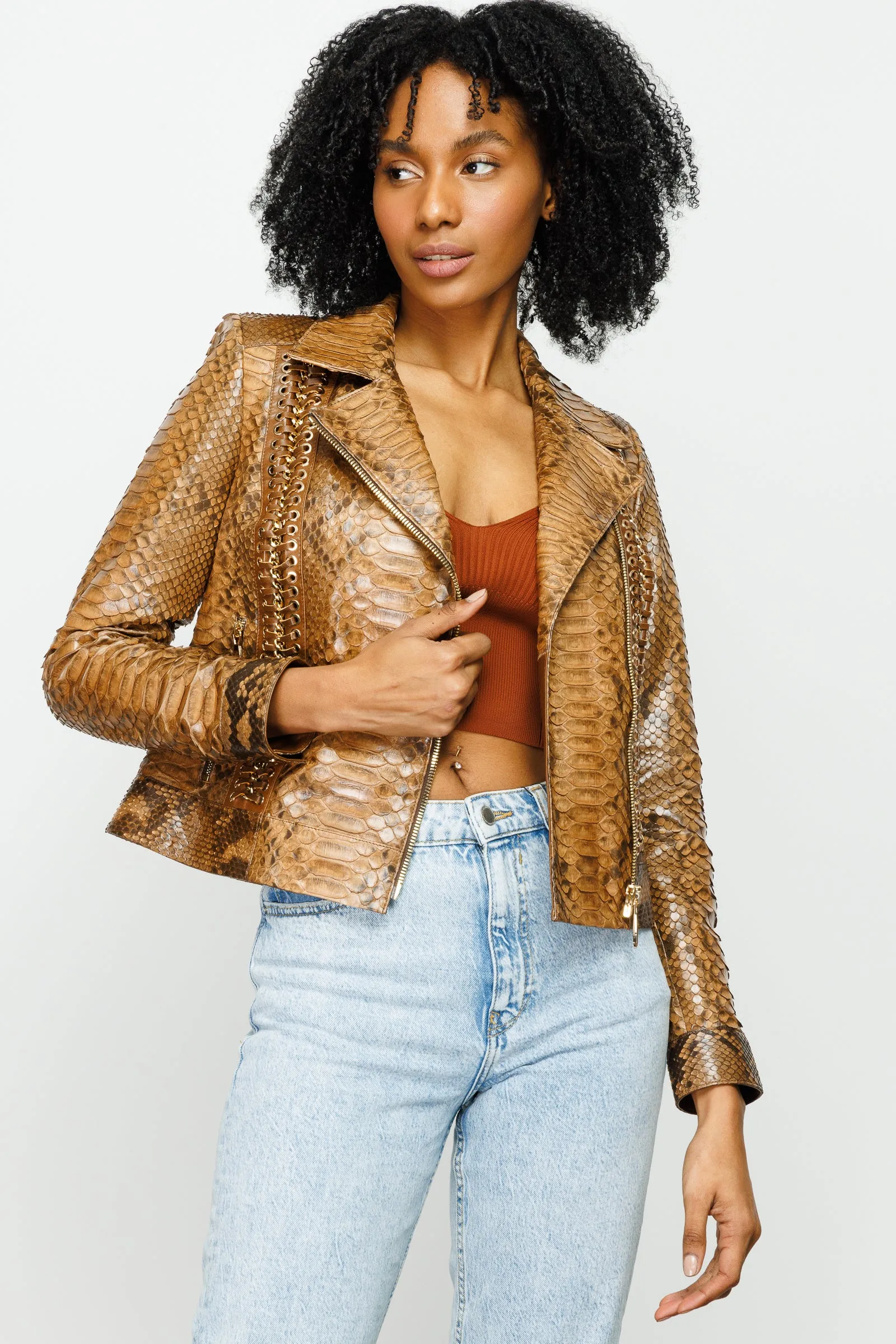 The Nayro Pythn Tan Leather Women Jacket