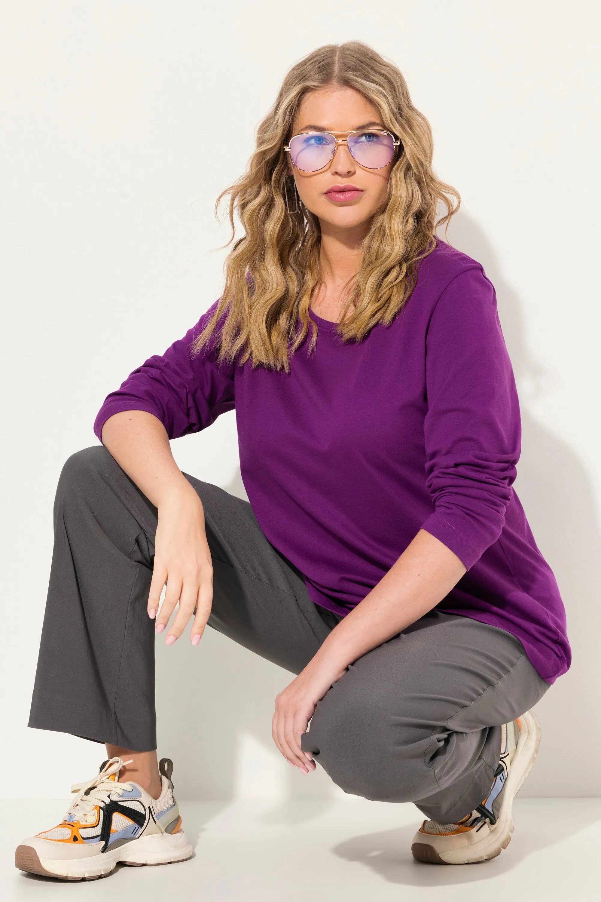 Ulla Popken Cotton Long Sleeve Top in Purple