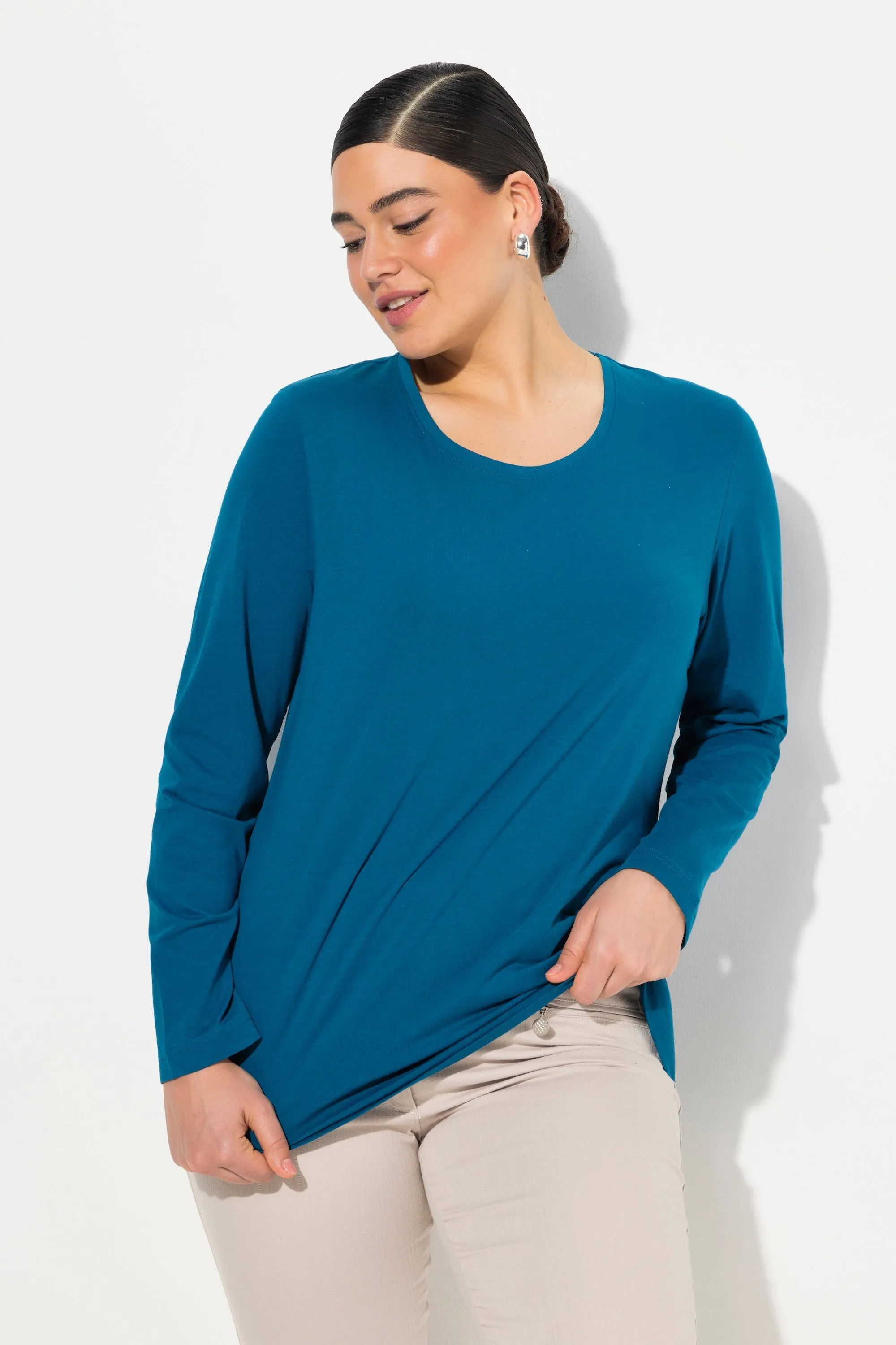 Ulla Popken Cotton Long Sleeve Top in Teal