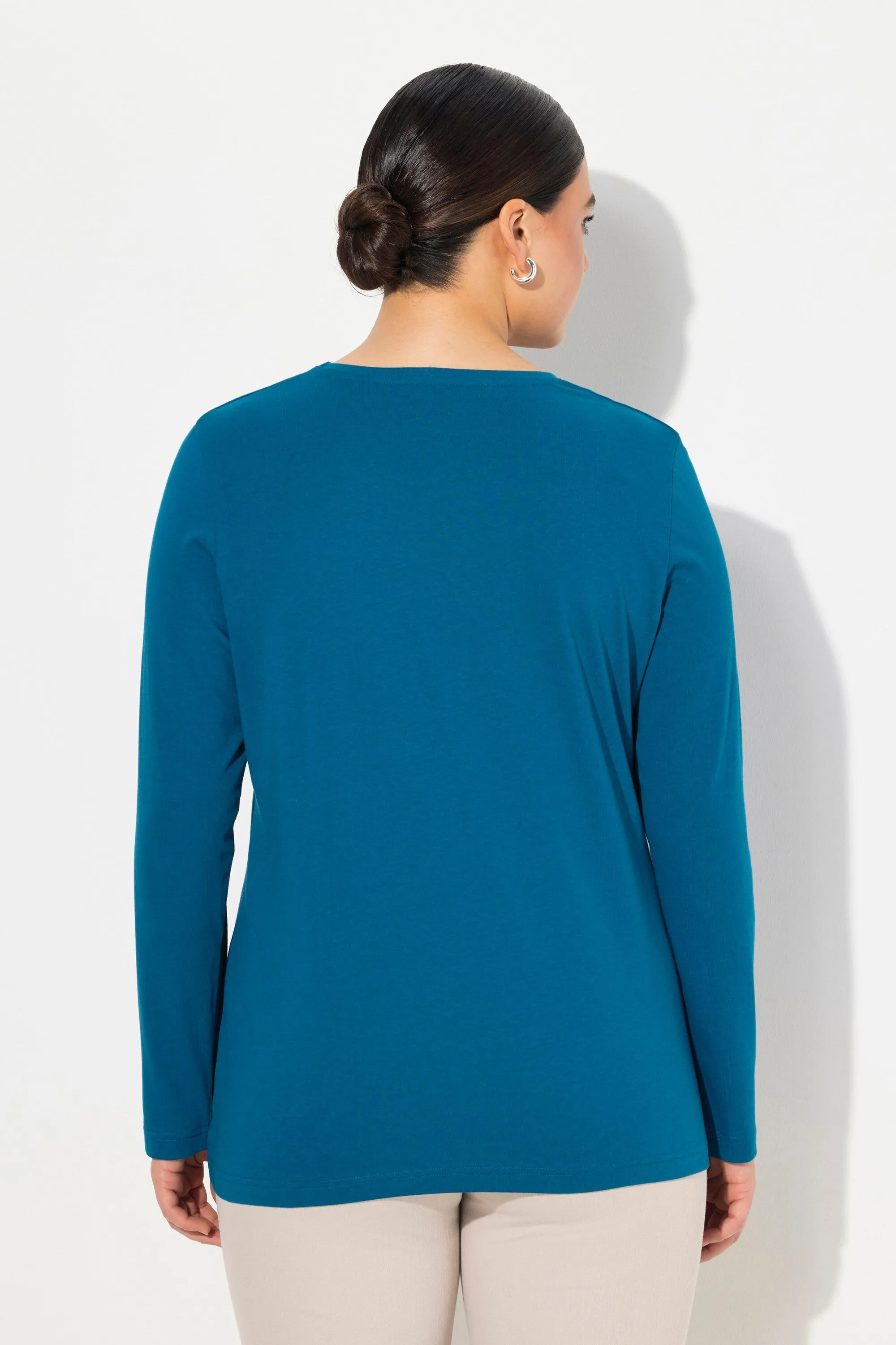 Ulla Popken Cotton Long Sleeve Top in Teal