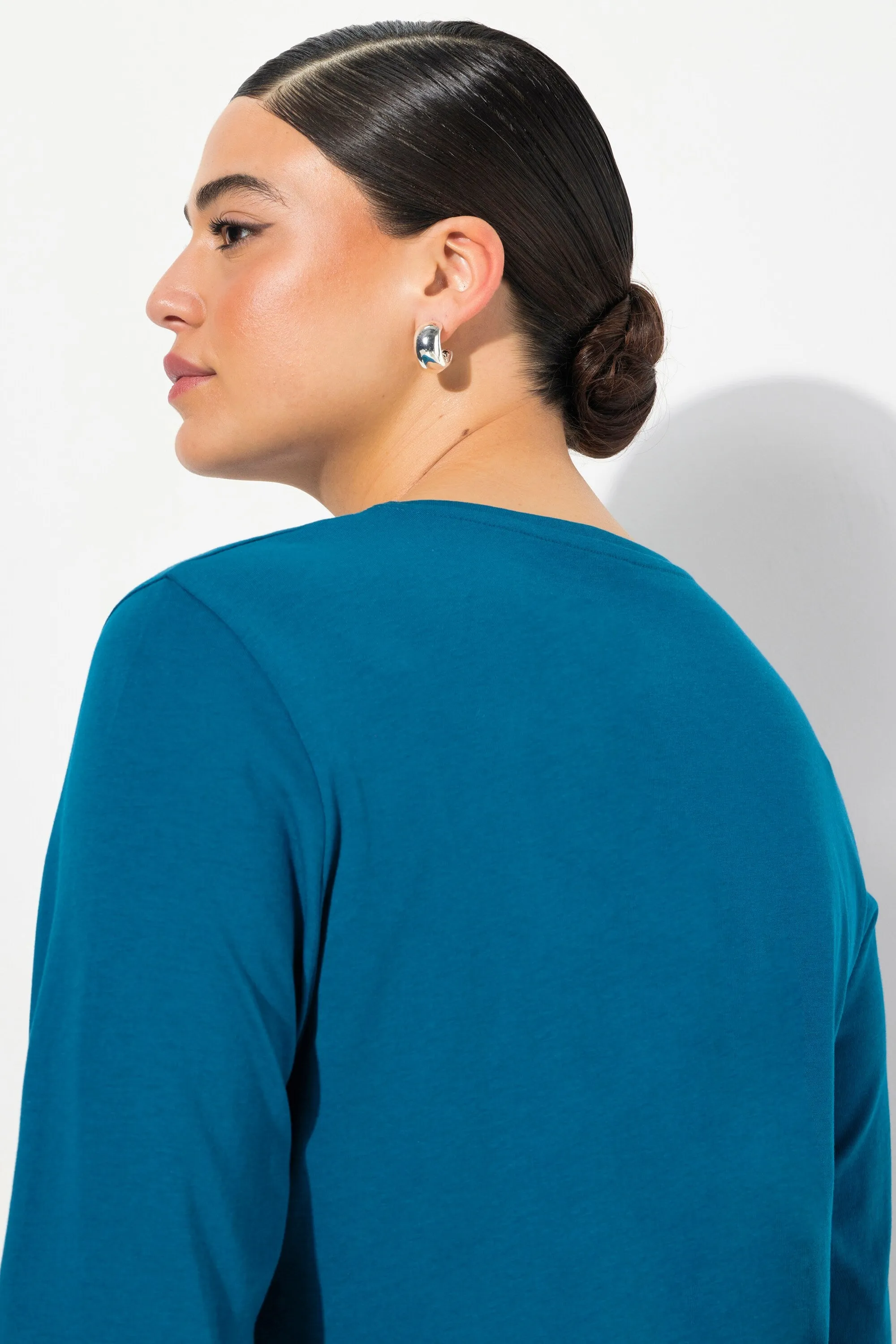 Ulla Popken Cotton Long Sleeve Top in Teal